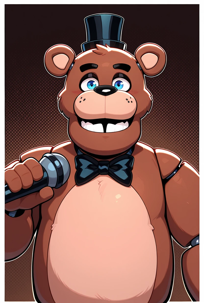 <lora:freddyit-09:1> freddyit, 1boy, black mini top hat, black bowtie, bear, bear ears, joints, teeth, blue eyes, animatronic, vibrant, brown background, holding microphone, expressive, smile, clenched teeth, ((fused teeth, anime teeth, combines teeth)), masterpiece, best quality, amazing quality, very aesthetic, absurdres, newest,, upper body, halftone effect, white borders, abstract background:1.2,