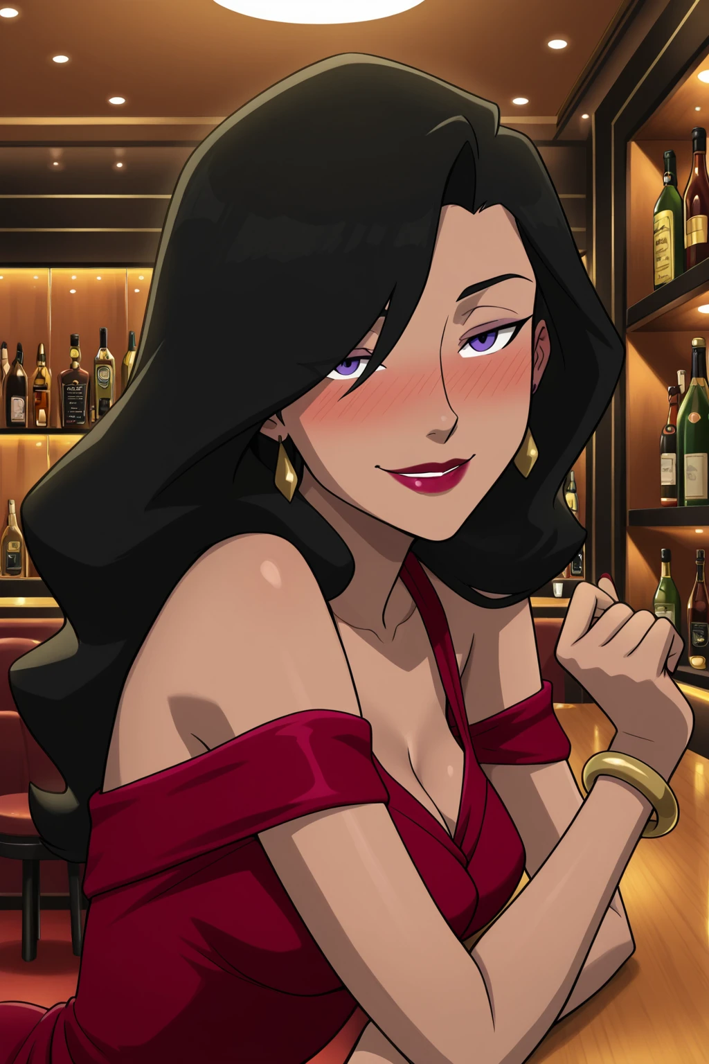 ((parody), perfect anatomy, perfect eyes, from behind) BREAK <lora:LoisLaneDCAMU:1> lois lane, black hair, long hair, purple eyes, lipstick, naughty eyes, naughty face, soft smile, blush, drunk, ((looking back at viewer)), hair over one eye, jewelry, earrings, bracelet, cleavage, dress, red dress, teasing viewer, seducing viewer, relaxing at luxurious bar, beckoning to join, indoors