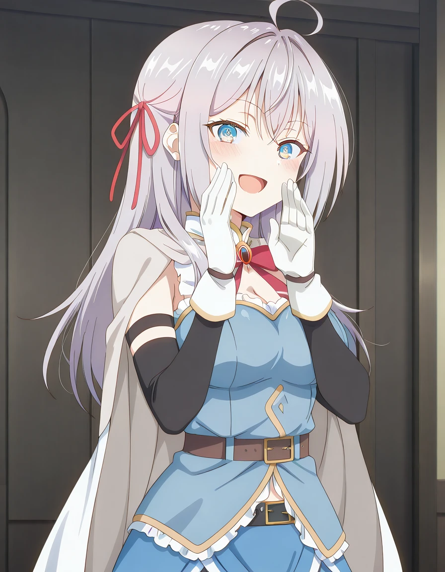 masterpiece, best quality, amazing quality,, <lora:alisa-mikhailovna-kujou-s1-illustriousxl-lora-nochekaiser:1>, alisa mikhailovna kujou, long hair, bangs, blue eyes, hair ribbon, ahoge, grey hair, red ribbon, mature female, breasts, anime screencap, <lora:miki-sayaka-cosplay-illustriousxl-lora-nochekaiser:1>, miki sayaka cosplay, miki sayaka (cosplay), belt, black sleeves, blue skirt, cape, cosplay, dress, gloves, gem, skirt, sleeveless, sleeveless dress, white cape, white gloves,, <lora:shouting-hand-to-own-mouth-illustriousxl-lora-nochekaiser:1>, shouting hand to own mouth, shouting, hand to own mouth, looking at viewer, smile, open mouth, blush,, serious, , , ,