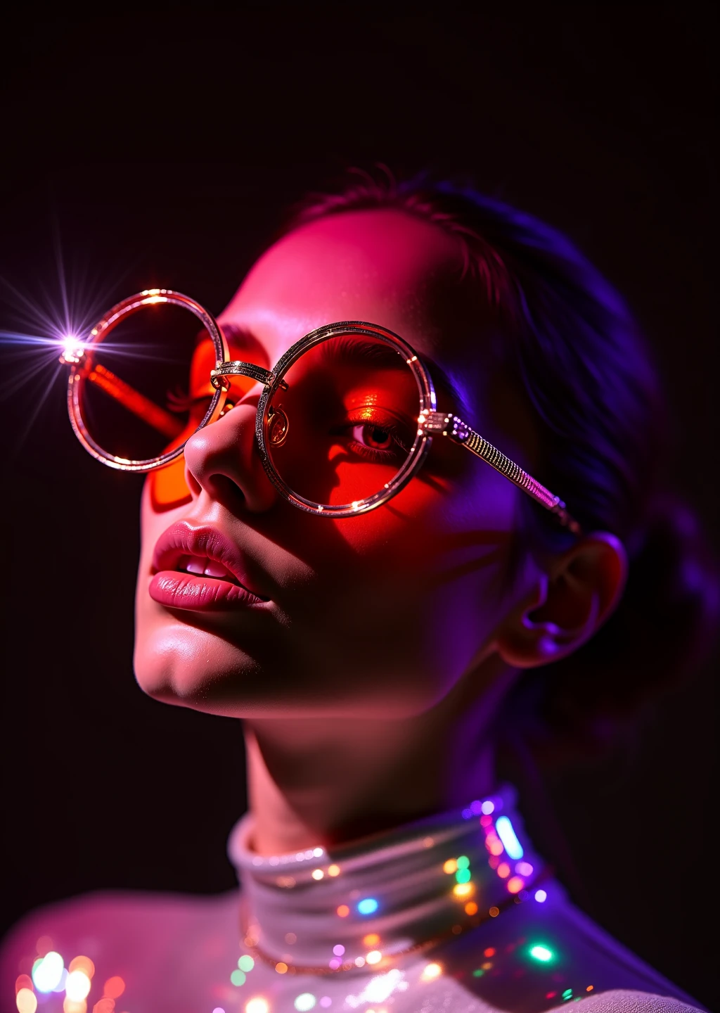 futuristic cinematic film photograph of a dynamic woman wearing sunglasses with round circle frames and deep red lenses, glowing, shimmering details with iridescent color accents. The details have a dramatic spotlight, retro-futuristic synthwave vibe, high detail, 8k, studio lighting, dark background.