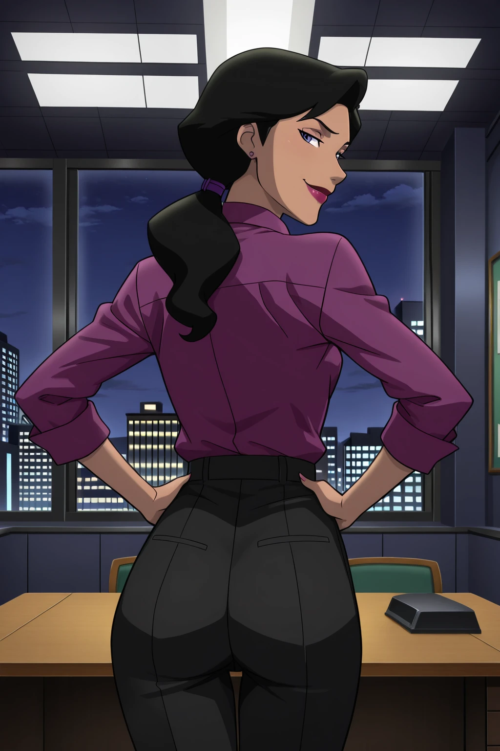 ((parody), perfect anatomy, perfect eyes, cowboy shot, from behind) BREAK <lora:LoisLaneDCAMU:1> lois lane, black hair, ponytail, purple eyes, lipstick, sultry eyes, naughty face, smug, ((looking at viewer)), purple shirt, black pants, arched back, model pose, teasing viewer, seducing viewer, hands on hips, clenched fists, luxurious office, desk, newsroom, night, indoors