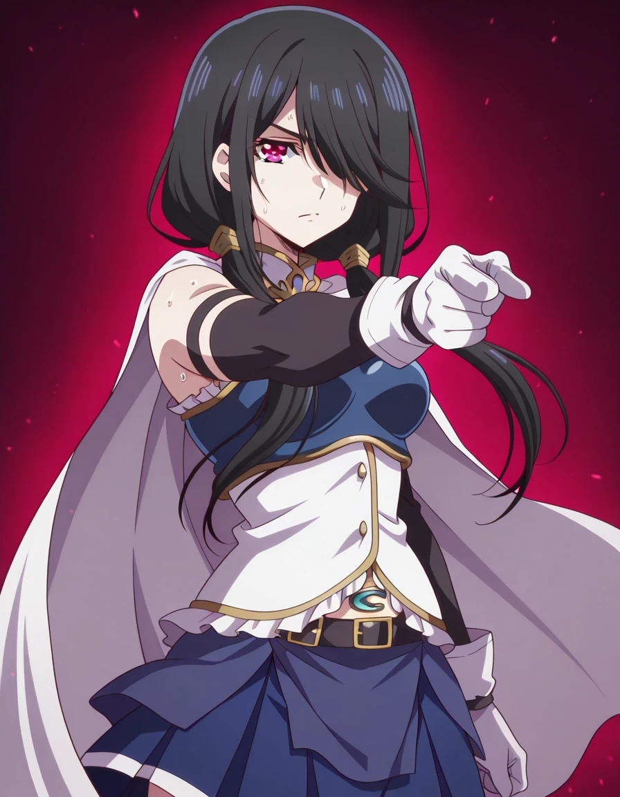 masterpiece, best quality, amazing quality,, <lora:kurumi-tokisaki-s2-illustriousxl-lora-nochekaiser:1>, kurumi tokisaki, black hair, red eyes, long hair, hair over one eye, twintails, low twintails, mature female, medium breasts, anime screencap, <lora:miki-sayaka-cosplay-illustriousxl-lora-nochekaiser:1>, miki sayaka cosplay, miki sayaka (cosplay), belt, black sleeves, blue skirt, cape, cosplay, dress, gloves, gem, skirt, sleeveless, sleeveless dress, white cape, white gloves,, <lora:jotaro-kujo-pose-illustriousxl-lora-nochekaiser:1>, jotaro kujo pose, kujo jotaro's pose (jojo), jojo pose, pointing, pointing at viewer, cowboy shot, sweating_profusely, , , ,