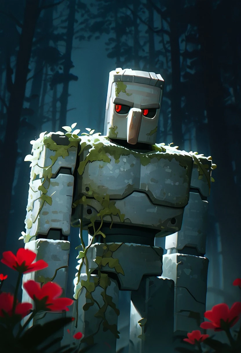masterpiece, best quality, amazing quality, very aesthetic, absurdres, newest, cinematic, movie scene, foreground blur, volumetric lighting,  
ironglem, no humans, red eyes, black sclera, red pupils,  standing, solo, robot, big nose, long nose, no mouth, plant, grey metal body, vines, mecha, moss, red flower,  thick gray monobrow, forest background, upper body, no legs, avoiding eye contact, looking off to distance,