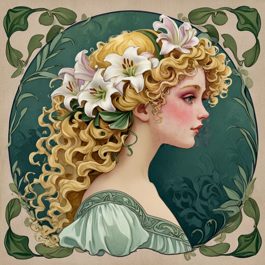 <lora:ArtNoveauMJ7SDXL:1> ArsMJStyle, Art Nouveau,, The image shows a painting of a woman with flowers in her hair surrounded by a design of flowers and leaves., 1girl, solo, flower, hair flower, hair ornament, profile, curly hair, long hair, blonde hair, lily (flower)