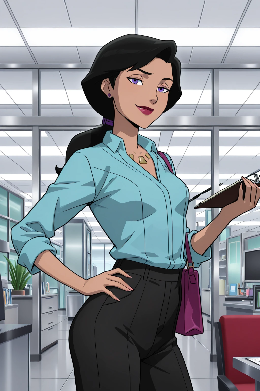((parody), perfect anatomy, perfect eyes, cowboy shot) BREAK <lora:LoisLaneDCAMU:1> lois lane, black hair, ponytail, purple eyes, lipstick, sultry eyes, naughty face, ((looking at viewer)), jewelry, earrings, necklace, blue shirt, black pants, arched back, model pose, teasing viewer, seducing viewer, hand on hips, writing on notepad, bag, luxurious office, science fiction lab, indoors