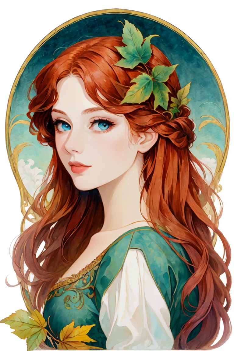 <lora:ArtNoveauMJ7SD1:1> ArsMJStyle, Art Nouveau,, The image shows a painting of a woman with long red hair wearing a purple dress set against a white background., 1girl, solo, long hair, blue eyes, hair ornament, lips, portrait, curly hair, leaf, looking at viewer