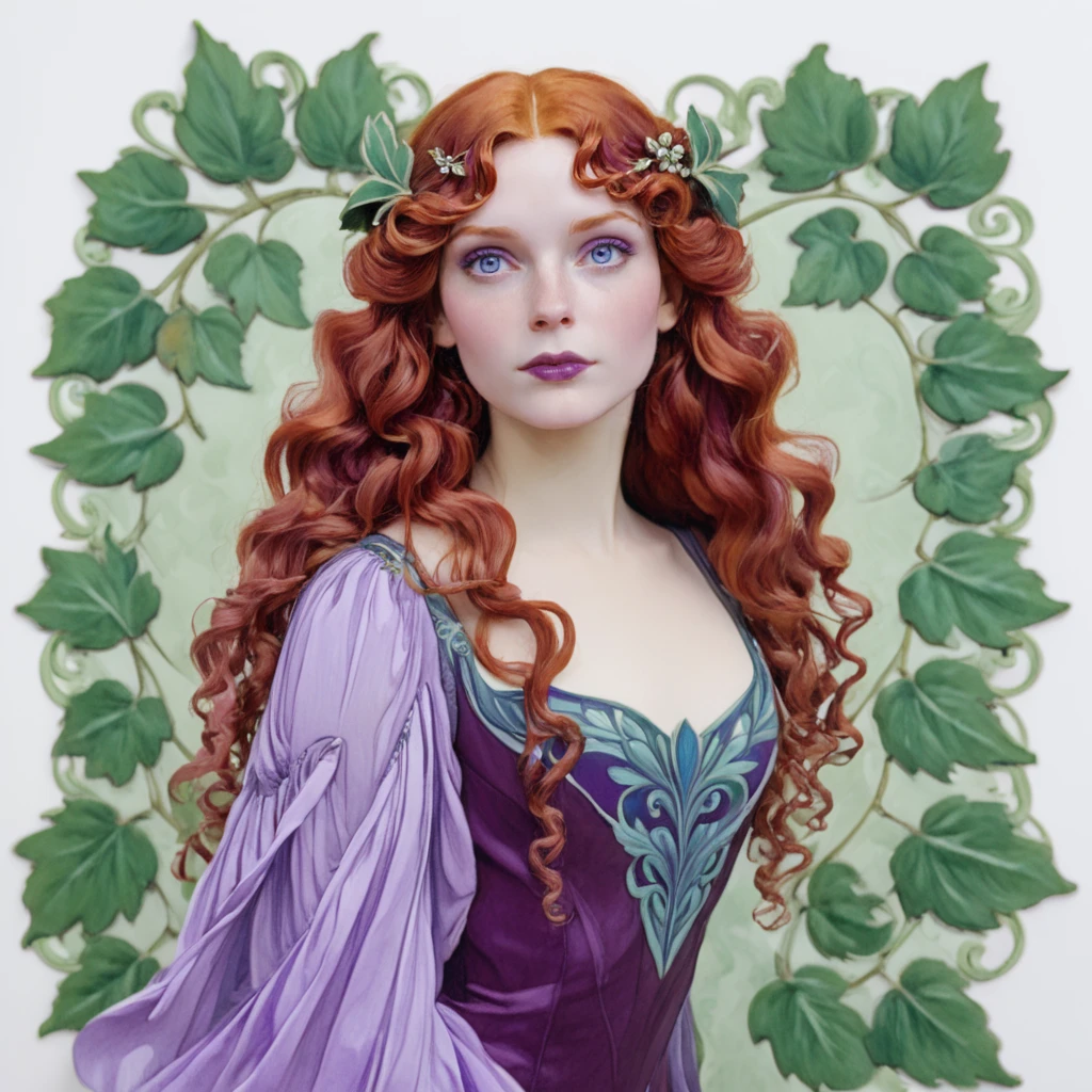 <lora:ArtNoveauMJ7SDXL:1> ArsMJStyle, Art Nouveau,, The image shows a painting of a woman with long red hair wearing a purple dress set against a white background., 1girl, solo, long hair, blue eyes, hair ornament, lips, portrait, curly hair, leaf, looking at viewer