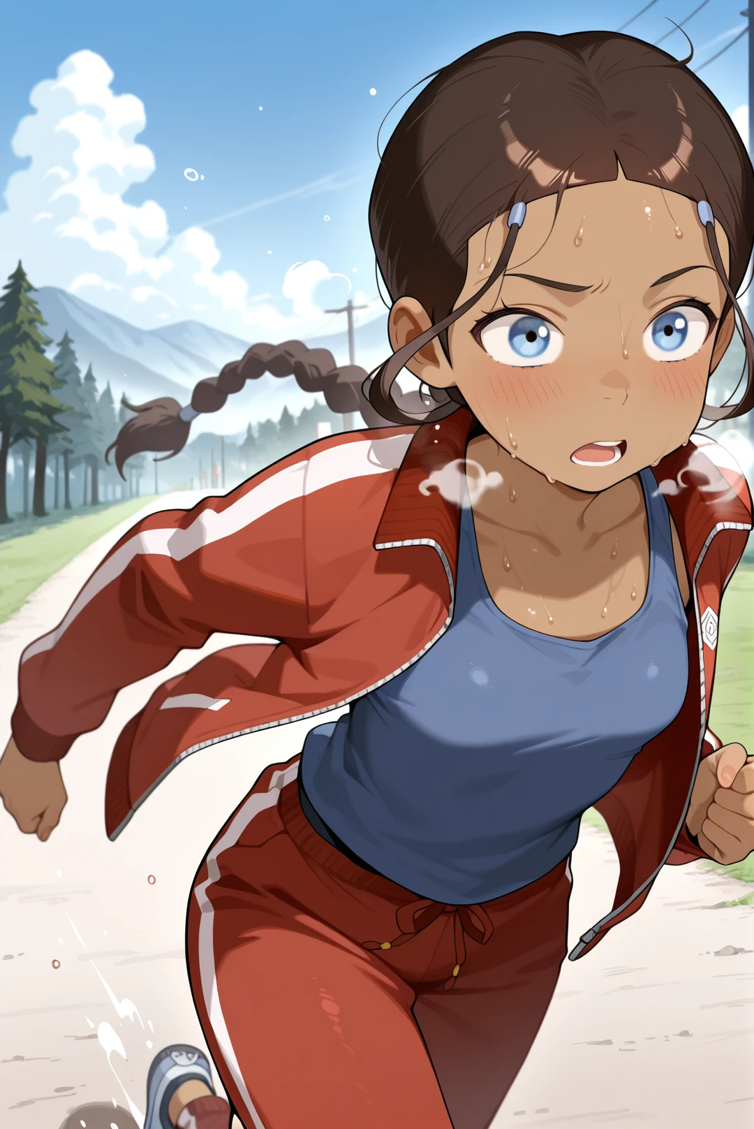 masterpiece,best quality,amazing quality, absurdres, 1girl, solo,  <lora:IlluKatara:1> illukatara, dark-skinned female, brown hair, blue eyes, single braid, track suit, track pants, track jacket, open jacket, tank top, jogging, sweat, heavy breathing,