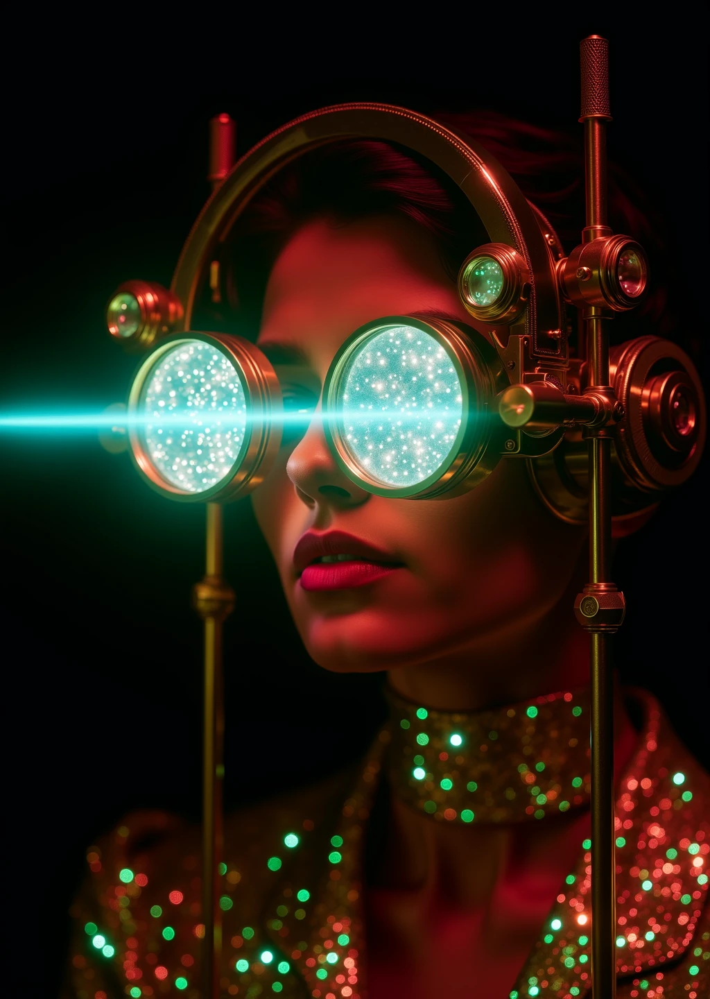 a woman getting an eye exam with a vintage phoroptor, her entire eye is visible looking through one viewport, the equipment is glowing shimmering with iridescent opal accents and gold futuristic chrome. Dramatic spotlight, retro-futuristic synthwave vibe, high detail, 8k, studio lighting, black background