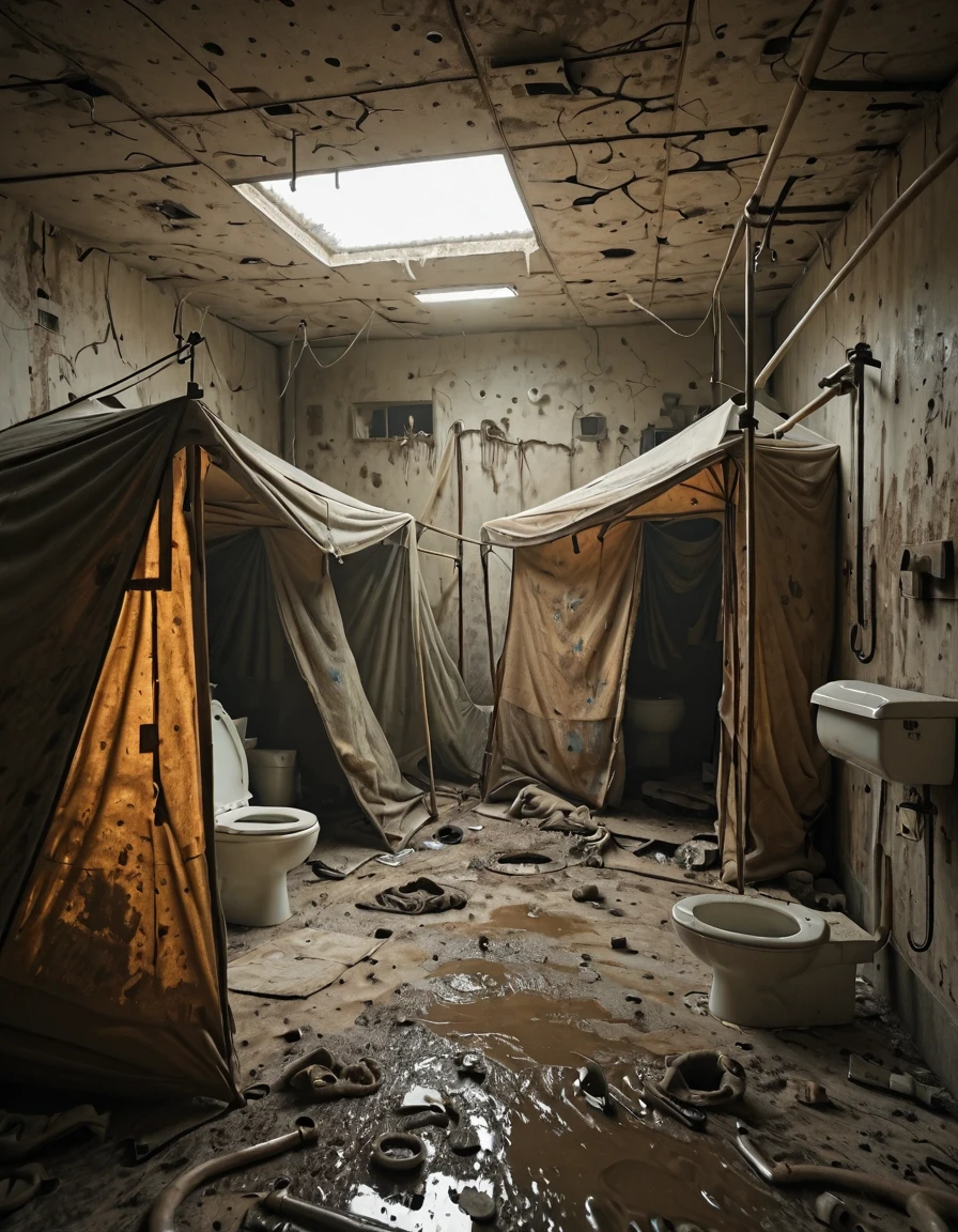 <lora:CW02_Lost_Officev2illb:1> dirty gloomy wet abandoned room, indoors, ugly, sunshades, messy, oozing walls, cracked ceiling, worn, toilet, tent, hanging wires, broken pipes,