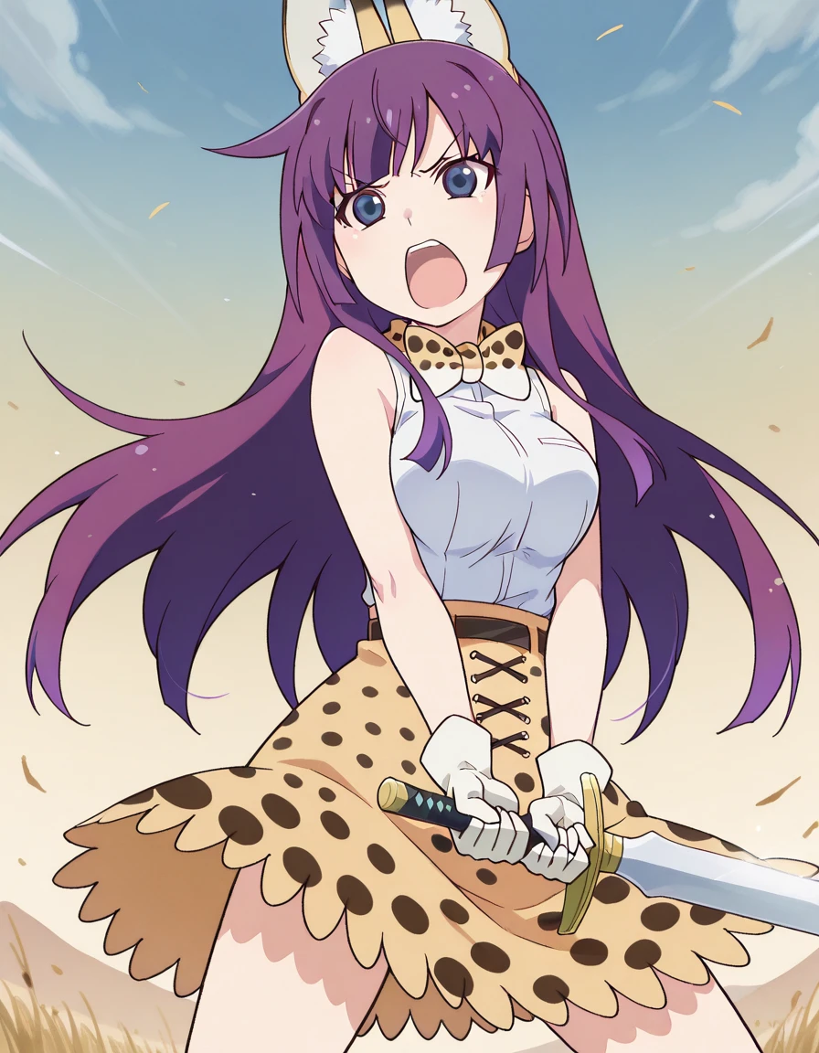 masterpiece, best quality, amazing quality,, <lora:hitagi-senjougahara-anime-illustriousxl-lora-nochekaiser:1>, hitagi senjougahara, bangs, long hair, blue eyes, purple hair, breasts, anime screencap, <lora:serval-cosplay-illustriousxl-lora-nochekaiser:1>, serval cosplay, serval (kemono friends) (cosplay), serval print, print bowtie, print bow, two-tone bowtie, orange bowtie, two-tone bow, print skirt, white bowtie, orange bow, animal ears, belt, cat ears, fake animal ears, gloves, leopard print, yellow skirt, white shirt, sleeveless, sleeveless shirt,, <lora:sunrise-stance-illustriousxl-lora-nochekaiser:1>, sunrise stance, weapon, sword, solo, open mouth, holding weapon, holding, holding sword,, angry,shouting,furrowed_brow, open mouth, , ,
