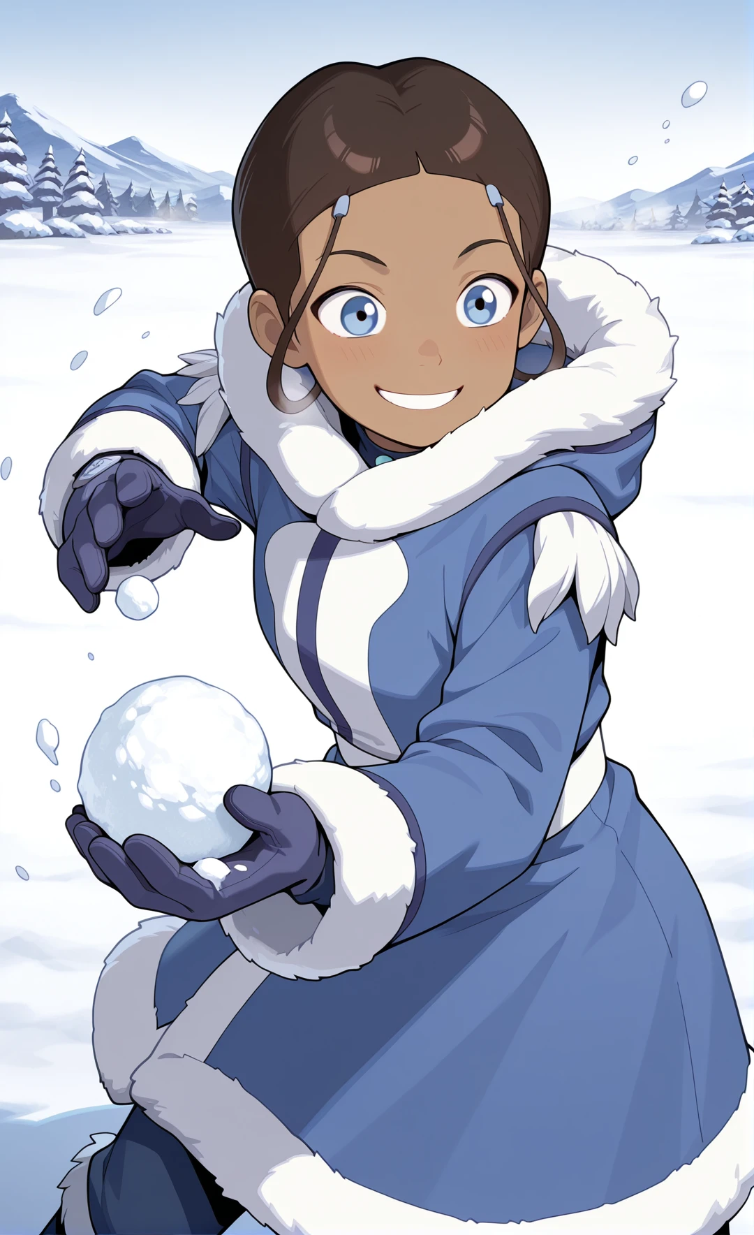 masterpiece,best quality,amazing quality, absurdres, solo, 1girl, <lora:IlluKatara:1> illukatara, dark-skinned female, brown hair, blue eyes, gloves, coat, winter clothes, smile, outdoors, snow, holding, snowball, throwing,