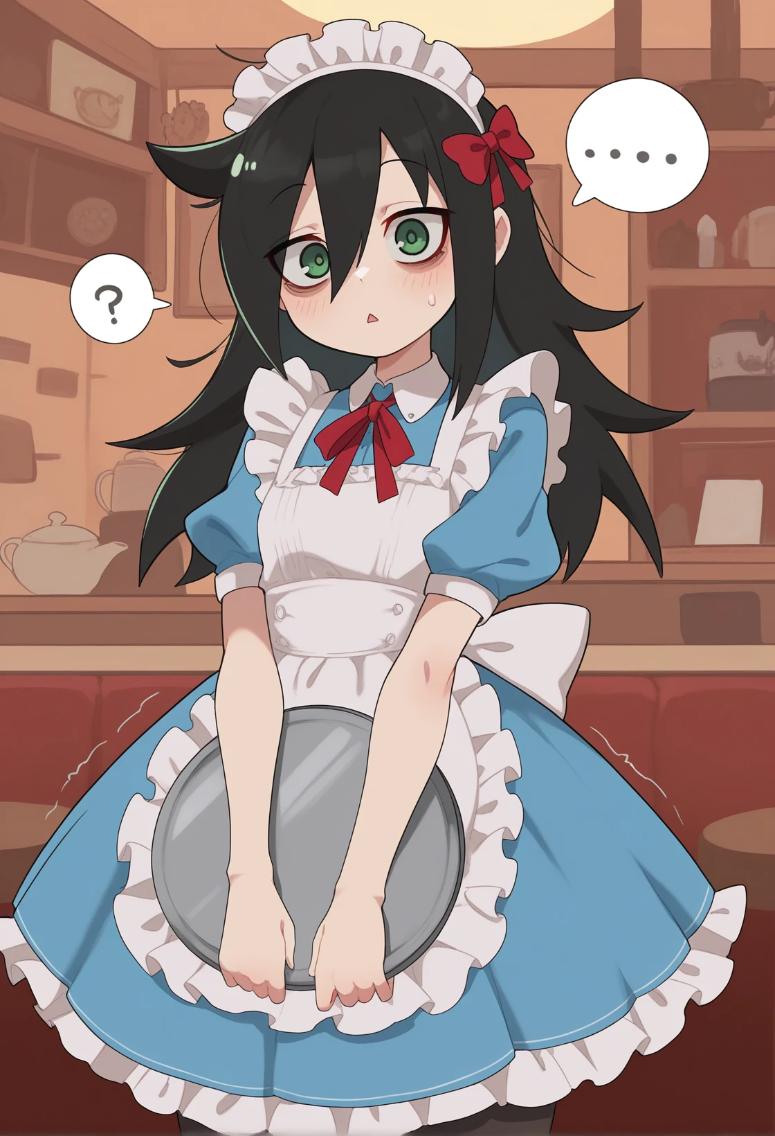 <lora:MCNsSlurp01:1> MCNs51uRq,1girl, kuroki tomoko, black hair, solo, green eyes, apron, bags under eyes, pantyhose, long hair, white apron, maid headdress, maid, dress, hair between eyes, short sleeves, frills, heart, black pantyhose, alternate costume, looking at viewer, frilled apron, blush, puffy short sleeves, blue dress, maid apron, ribbon, puffy sleeves, bow, red ribbon, ?, enmaided, messy hair, red bow, cowboy shot, triangle mouth, collared dress, ..., neck ribbon, trembling, spoken question mark, spoken ellipsis, frilled dress, back bow, wide-eyed,cafe, red_interior, dutch angle, night,