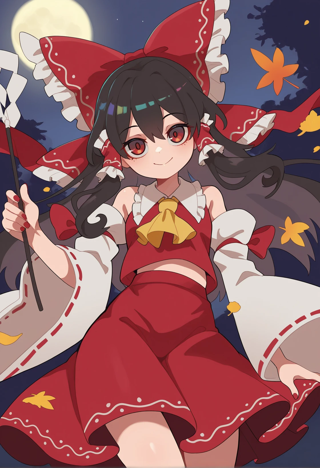 <lora:MCNsSlurp01:1> MCNs51uRq,1girl, hakurei reimu, solo, red eyes, detached sleeves, bow, black hair, red bow, hair bow, ascot, hair tubes, wide sleeves, gohei, skirt, red nails, long hair, yellow ascot, red skirt, smile, frills, hair between eyes, looking at viewer, closed mouth, sidelocks, ribbon trim, ribbon-trimmed sleeves, nail polish, bare shoulders, red shirt, long sleeves, frilled bow, white sleeves, vest, night, falling leaves, moon, outdoors, dutch angle, close-up,