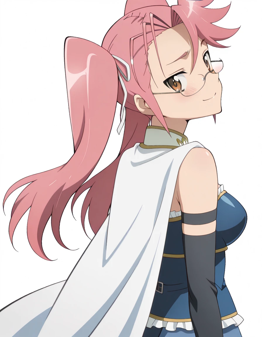 masterpiece, best quality, amazing quality,, <lora:saya-takagi-s1-illustriousxl-lora-nochekaiser:1>, saya takagi, takagi saya, long hair, ribbon, twintails, brown eyes, hair ribbon, pink hair, glasses, mature female, breasts, anime screencap, <lora:miki-sayaka-cosplay-illustriousxl-lora-nochekaiser:1>, miki sayaka cosplay, miki sayaka (cosplay), belt, black sleeves, blue skirt, cape, cosplay, dress, gloves, gem, skirt, sleeveless, sleeveless dress, white cape, white gloves,, <lora:shaft-look-illustriousxl-lora-nochekaiser:1>, shaft look, looking back, from behind, head tilt, upper body, smile,, embarrassed,blush,shaded_face, , <lora:transparent-background-illustriousxl-lora-nochekaiser:1>, transparent background, simple background, white background, ,