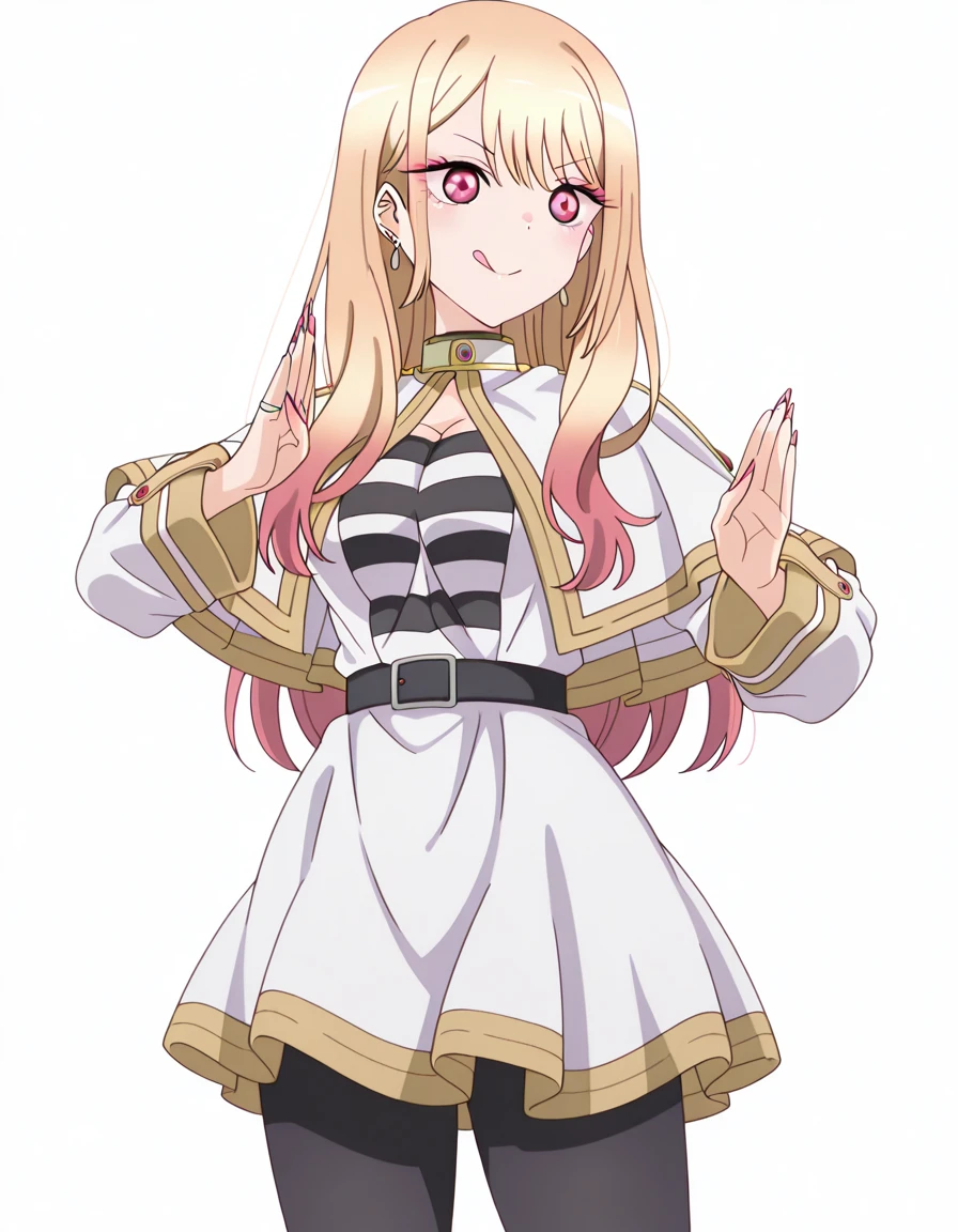 masterpiece, best quality, amazing quality,, <lora:marin-kitagawa-s1-illustriousxl-lora-nochekaiser:1>, marin kitagawa, kitagawa marin, black lobelia, long hair, white hair, blue eyes, red eyes, heterochromia, mature female, medium breasts, anime screencap,, <lora:frieren-cosplay-illustriousxl-lora-nochekaiser:1>, frieren cosplay, frieren (cosplay), shirt, long sleeves, jewelry, pantyhose, earrings, striped, black pantyhose, capelet, striped shirt, skirt, white skirt,, <lora:kung-fu-illustriousxl-lora-nochekaiser:1>, kung fu, martial arts, training, fighting stance, cowboy shot, :q, , <lora:transparent-background-illustriousxl-lora-nochekaiser:1>, transparent background, simple background, white background, ,