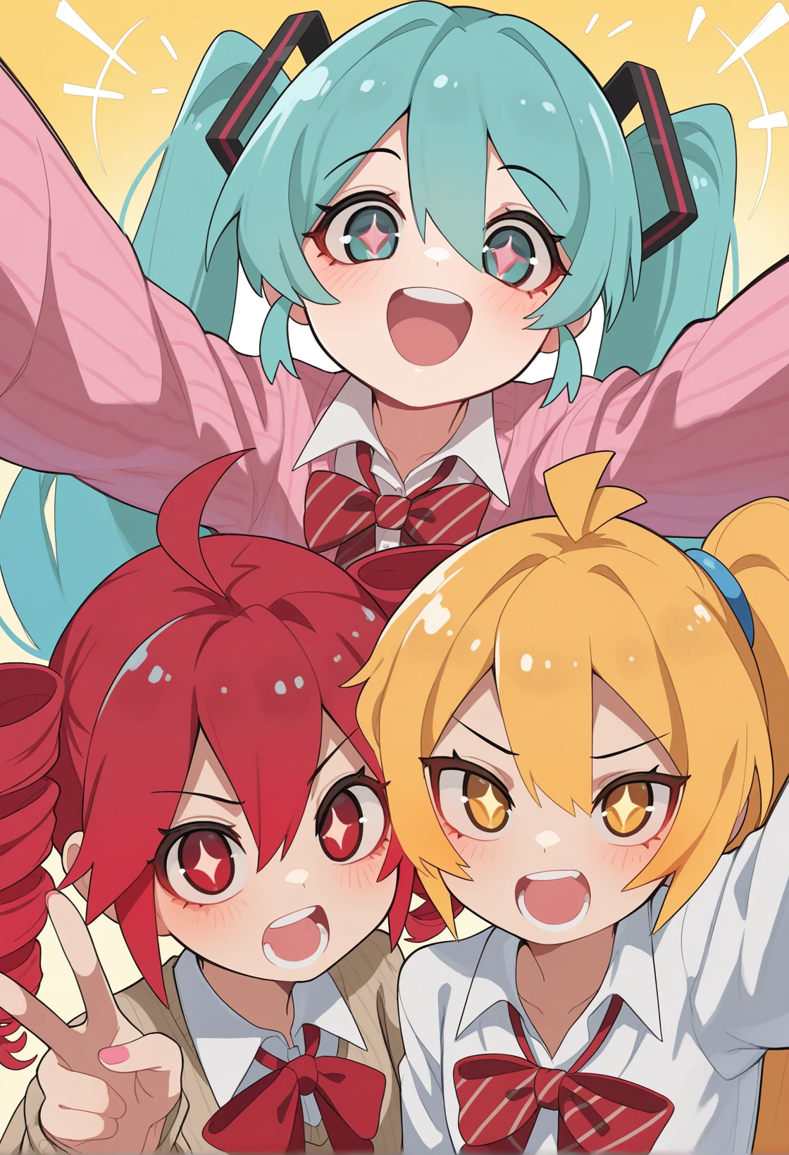 <lora:MCNsSlurp01:1> MCNs51uRq,3girls,  akita neru, hatsune miku, kasane teto,+_+, antenna hair, blonde hair, blush, bow, bowtie, collared shirt, hair between eyes, long hair, open mouth, pink nails, pink sweater, red bow, red bowtie, red eyes, red hair, shirt, side ponytail, reaching towards viewer, selfie,looking at viewer, striped bow, striped bowtie, striped clothes, sweater, upper body, very long hair, white shirt, yellow eyes,
