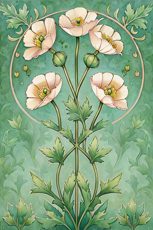 <lora:ArtNoveauMJ7SD1:1> ArsMJStyle, Art Nouveau,, The image shows a painting of pink poppies on a green background with leaves and buds., no humans, flower, leaf, still life, plant, pink flower, signature