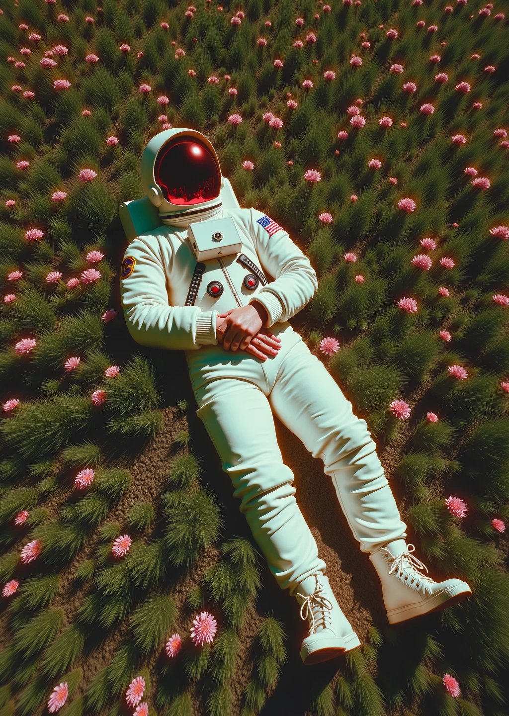 a astronaut sleeping in grass field, top view, cherry blossom flowers around him, cinematic, realistic, surreal
