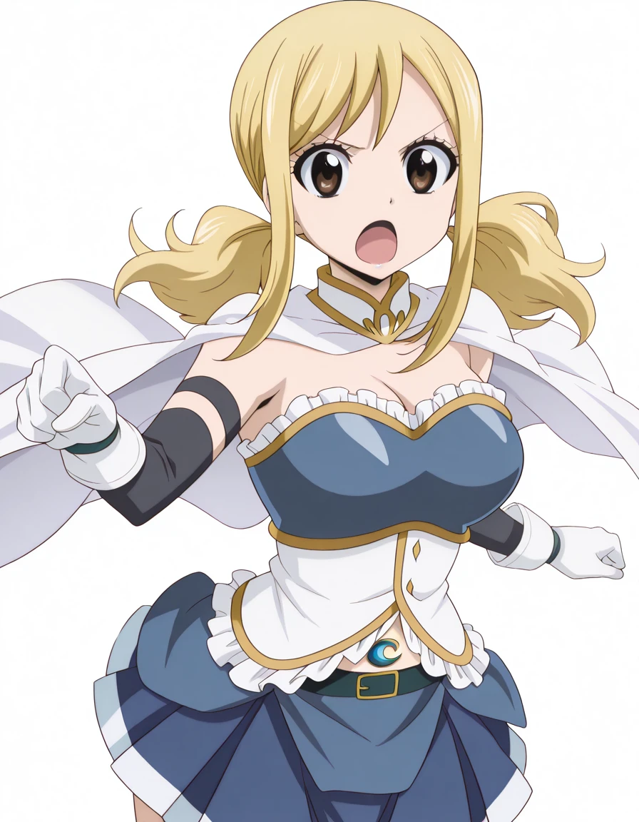 masterpiece, best quality, amazing quality,, <lora:lucy-heartfilia-s1s3s7-illustriousxl-lora-nochekaiser:1>, lucy heartfilia, twintails, low twintails, sidelocks, blonde hair, brown eyes, long hair, mature female, breasts, anime screencap, <lora:miki-sayaka-cosplay-illustriousxl-lora-nochekaiser:1>, miki sayaka cosplay, miki sayaka (cosplay), belt, black sleeves, blue skirt, cape, cosplay, dress, gloves, gem, skirt, sleeveless, sleeveless dress, white cape, white gloves,, <lora:dynamic-pose-illustriousxl-lora-nochekaiser:1>, dynamic pose, incoming attack, cowboy shot, v_shaped_eyebrows, open mouth, <lora:transparent-background-illustriousxl-lora-nochekaiser:1>, transparent background, simple background, white background, ,