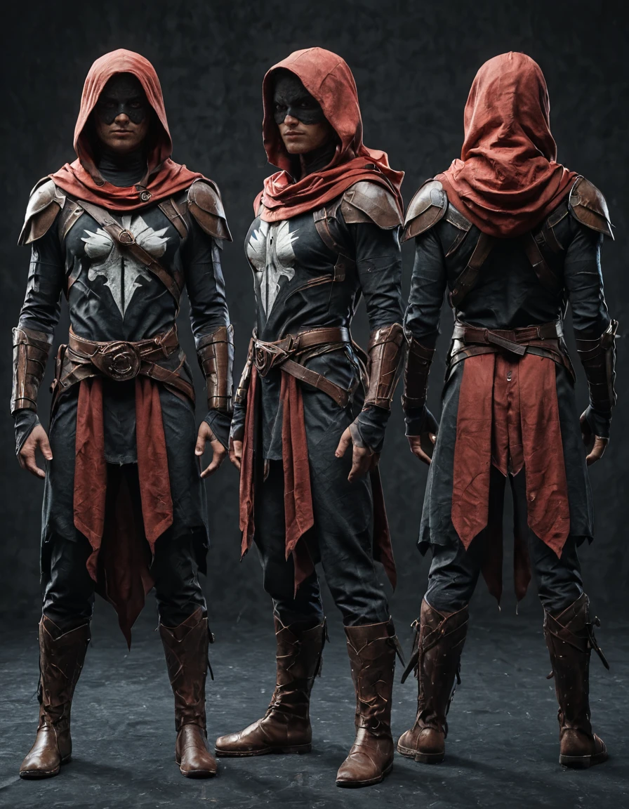 , masterpiece, best quality, <lora:characterDesignSheetQuiron_illus:1> characterDesignSheetxQuiron, standing, full body, multiple views, Ezio Auditore (Assassin's Creed): Ezio's white assassin robes consist of a long-sleeved tunic with a hood, decorative patterns, and a red sash around the waist. He wears leather bracers, boots, and a brown belt with a hidden blade mechanism.
