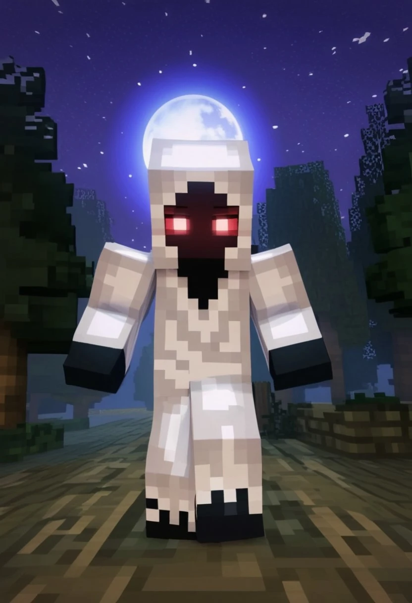 BREAK score_9, score_8_up, score_7_up, source_anime, view front, 3d, 1girl, solo, Entity_303_(BPS), minecraft, black skin, red sclera, white eyes, no hair, no nose, no mouth, white tunic, white hood, barefoot, (huge breasts), (thick thighs), cursed forest, tall trees, dry trees, dark trees, purple sky, night, moon, (creativity:1.4),