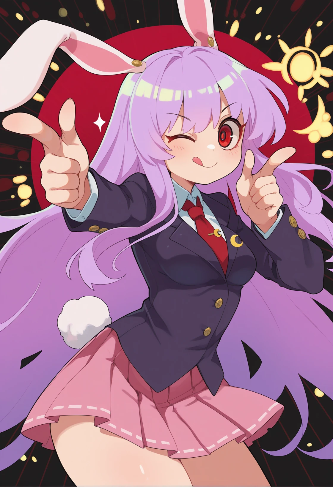 <lora:MCNsSlurp01:1> MCNs51uRq,1girl, reisen udongein inaba, pointing at viewer,finger gun, danmaku, animal ears, solo, rabbit ears, long hair, skirt, necktie, tongue, one eye closed, tongue out, jacket, finger gun, crescent, shirt, red necktie, blazer, crescent pin, purple hair, rabbit girl, red eyes, collared shirt, pleated skirt, looking at viewer, smile, cowboy shot, white shirt, long sleeves, tail, very long hair, rabbit tail, ;q, pointing, black jacket, blush, buttons, closed mouth, breasts, striped background,black background,