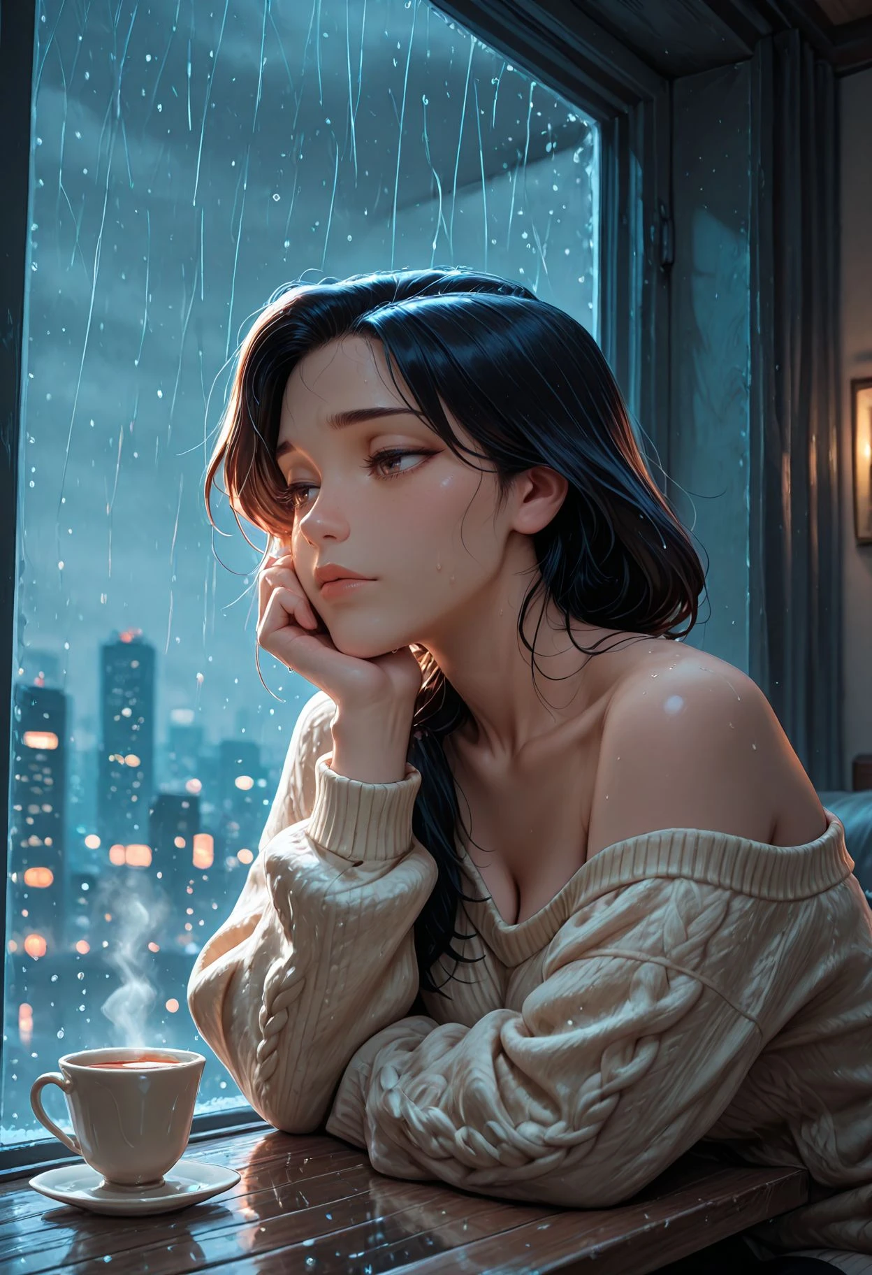 SmoothNoob_Quality, anime screenshot, 1girl, mature, (chin resting on hand), sitting, (leanig on a windowsill), (watching raindrops trail down glass), window, (oversized knit sweater), one bare shoulder, steam, (steamy tea cup beside her), (distant city lights blurred by rain), (reflection), (melancholic yet peaceful mood), dynamic angle, from side