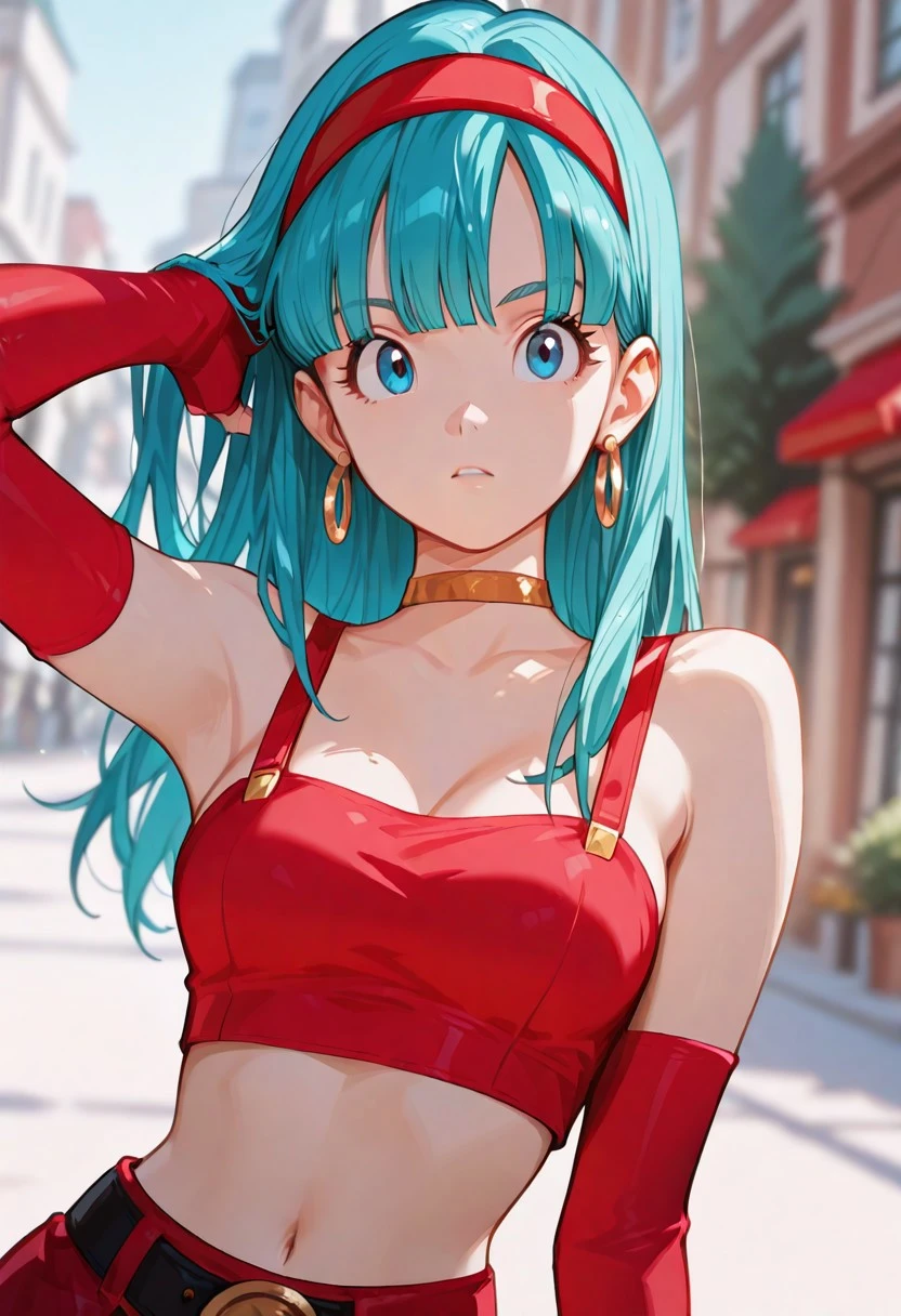 masterpiece, best quality, ultra-HD, high detail, depth of field, (blurred background), (dramatic lighting), very aesthetic,8k,
bulla, 1girl, solo, blue eyes, long hair, blue hair, bangs,
hairband, hoop earrings, red crop top, choker, elbow gloves, fingerless gloves, midriff, navel, belt, red skirt, thighhighs,
armpits, breasts, one adjusting hair behind ear,, looking_at_viewer, upper_body, breasts, sensual, dynamic pose, dynamic angle, pastel colors, anime, outdoors