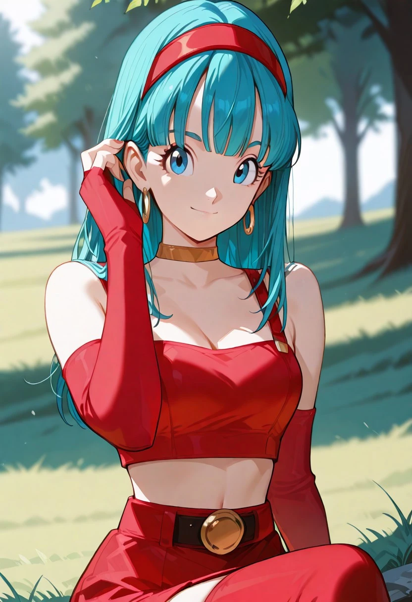 masterpiece, best quality, ultra-HD, high detail, depth of field, (blurred background), (dramatic lighting), very aesthetic,8k,
bulla, 1girl, solo, blue eyes, long hair, blue hair, bangs,
hairband, hoop earrings, red crop top, choker, elbow gloves, fingerless gloves, midriff, navel, belt, red skirt, thighhighs, breasts, adjusting hair behind ear, looking_at_viewer, sitting, crossed legs, one arm resting on legs, upper_body, sensual, dynamic pose, dynamic angle, pastel colors, anime, outdoors, happy, trees, grass
