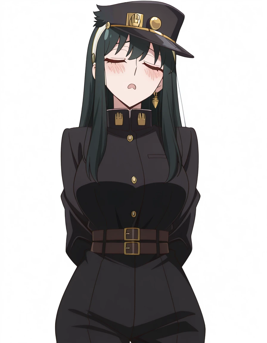 masterpiece, best quality, amazing quality,, <lora:yor-briar-s1-illustriousxl-lora-nochekaiser:1>, yor briar, black hair, red eyes, earrings, white hairband, hairband, long hair, sidelocks, mature female, breasts, anime screencap,, <lora:kujo-jotaro-cosplay-illustriousxl-lora-nochekaiser:1>, kujo jotaro cosplay, kujo jotaro (cosplay), gakuran, cosplay, belt, black headwear, black jacket, black pants, high collar, multiple belts, pants, shirt,, <lora:incoming-kiss-illustriousxl-lora-nochekaiser:1>, incoming kiss, closed eyes, blush, pov, cowboy shot, disgust, open mouth, <lora:transparent-background-illustriousxl-lora-nochekaiser:1>, transparent background, simple background, white background, ,