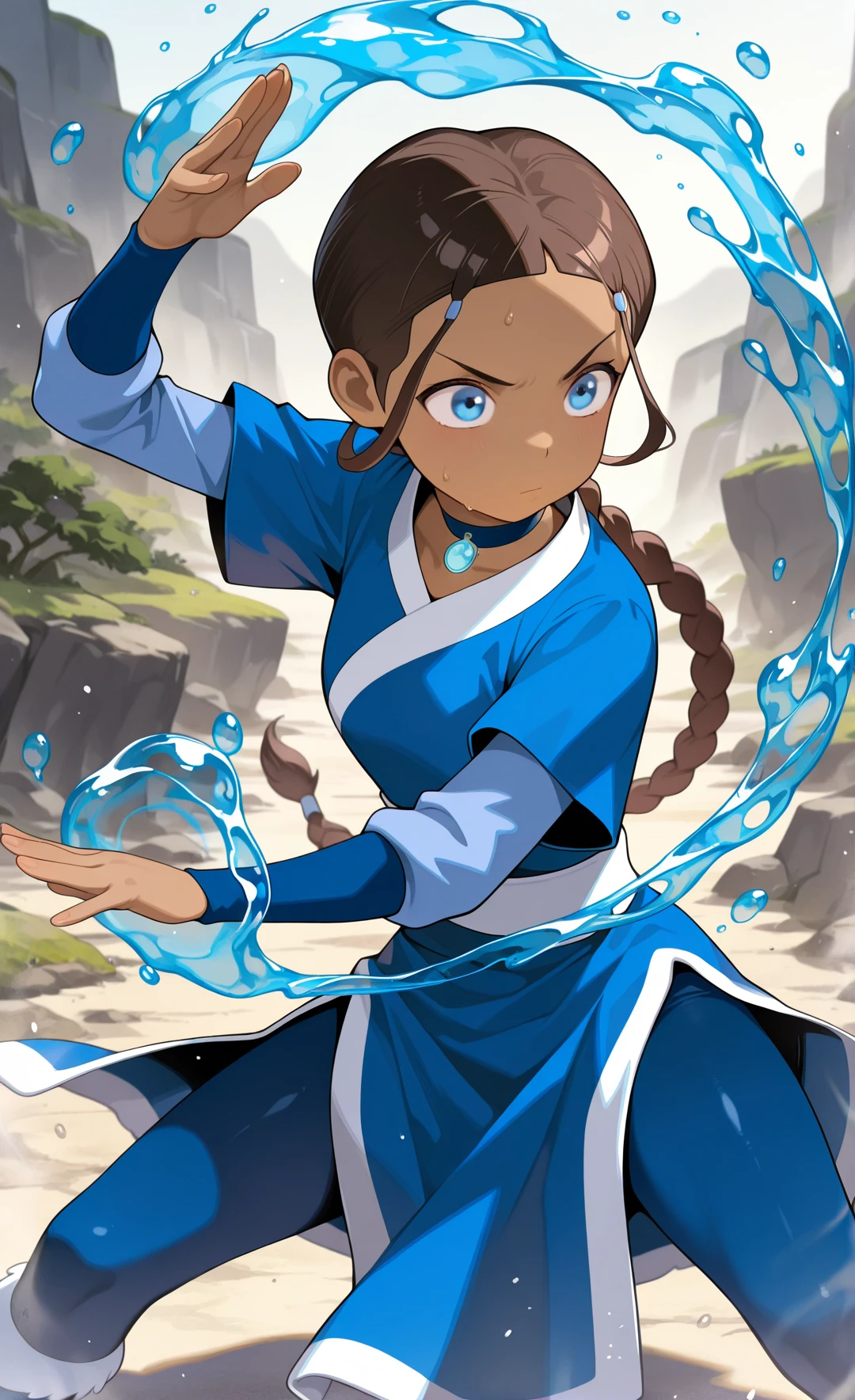 masterpiece,best quality,amazing quality, absurdres, solo, 1girl, <lora:IlluKatara:1> illukatara, dark-skinned female, brown hair, single braid, blue eyes, choker, blue dress, side slit, short over long sleeves, blue pantyhose, outdoors, fighting stance, hydrokinesis,