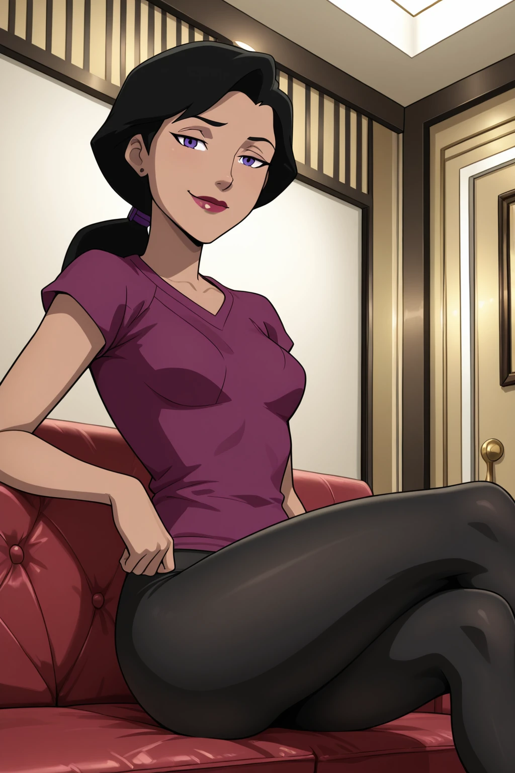 ((parody), perfect anatomy, perfect eyes) BREAK <lora:LoisLaneDCAMU:1> lois lane, black hair, ponytail, purple eyes, lipstick, naughty eyes, naughty face, soft smile ((looking at viewer)), purple t-shirt, black leggings, teasing viewer, seducing viewer, sitting on couch, legs crossed, luxurious apartment, indoors