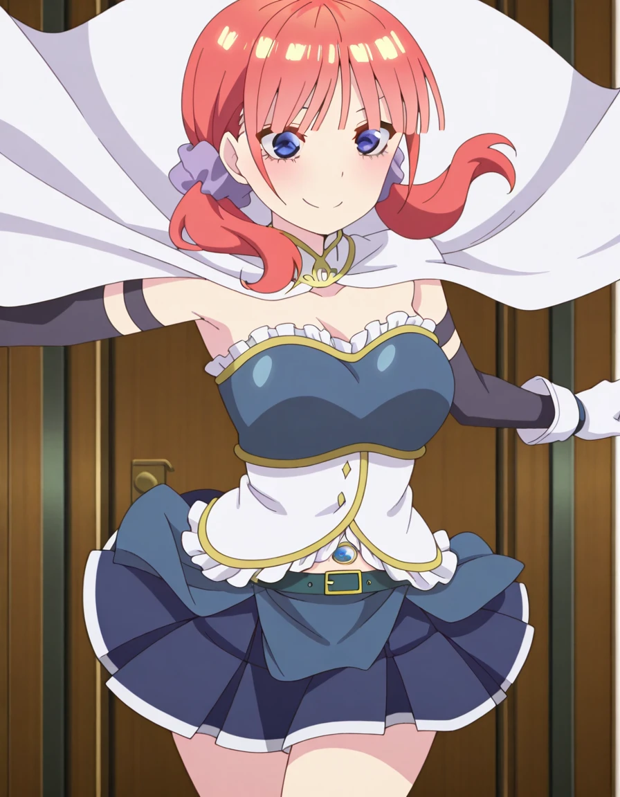 masterpiece, best quality, amazing quality,, <lora:nino-nakano-honeymoon-illustriousxl-lora-nochekaiser:1>, nino nakano, bangs, blue eyes, hair ornament, twintails, pink hair, blunt bangs, medium hair, scrunchie, eyebrows hidden by hair, purple scrunchie, mature female, breasts, anime screencap, <lora:miki-sayaka-cosplay-illustriousxl-lora-nochekaiser:1>, miki sayaka cosplay, miki sayaka (cosplay), belt, black sleeves, blue skirt, cape, cosplay, dress, gloves, gem, skirt, sleeveless, sleeveless dress, white cape, white gloves,, <lora:dynamic-pose-illustriousxl-lora-nochekaiser:1>, dynamic pose, fighting, cowboy shot, naughty_face, , , ,