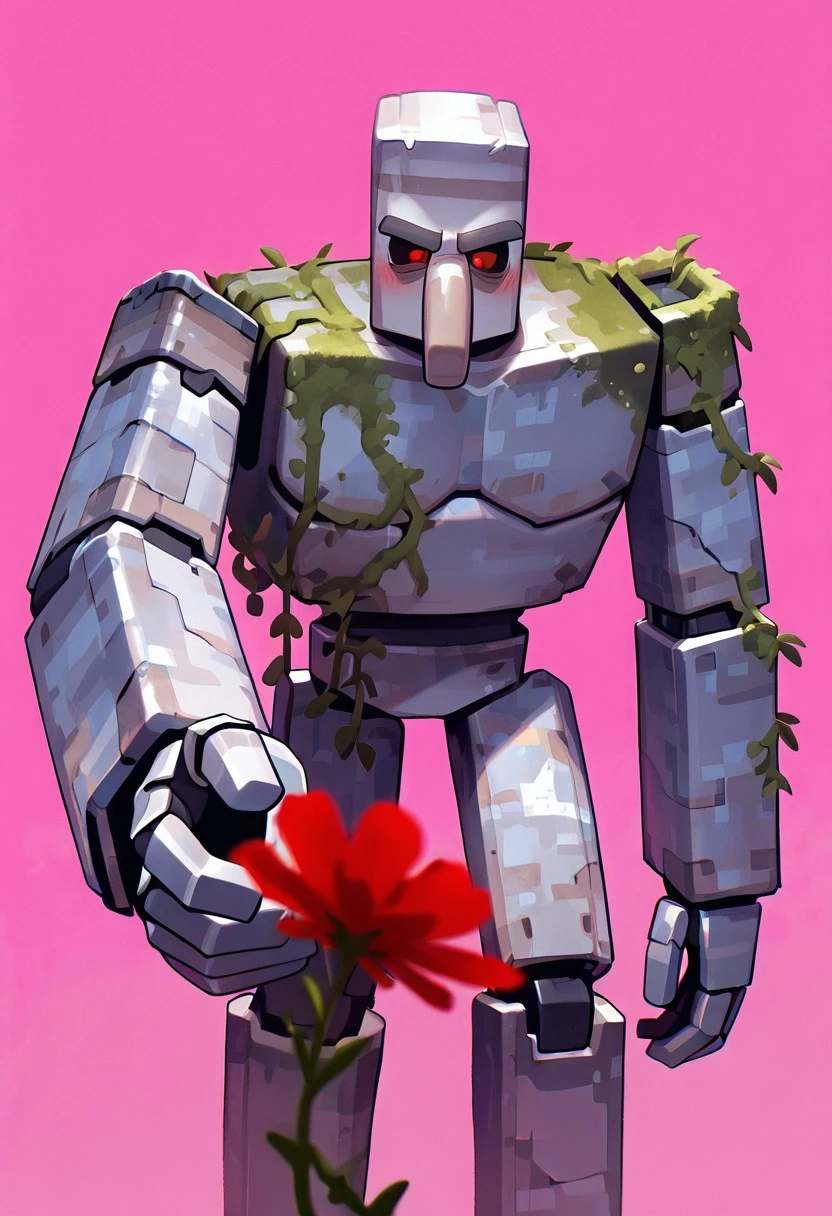 masterpiece, best quality, amazing quality, very aesthetic, absurdres, newest, cinematic, movie scene, foreground blur,
ironglem, no humans, , black sclera, red pupils, standing, solo, robot, big nose, long nose, no mouth, plant, grey metal body, vines, mecha, moss, , thick gray monobrow, big arms, red pupils,
holding red flower, reaching out, blushing, pink background,