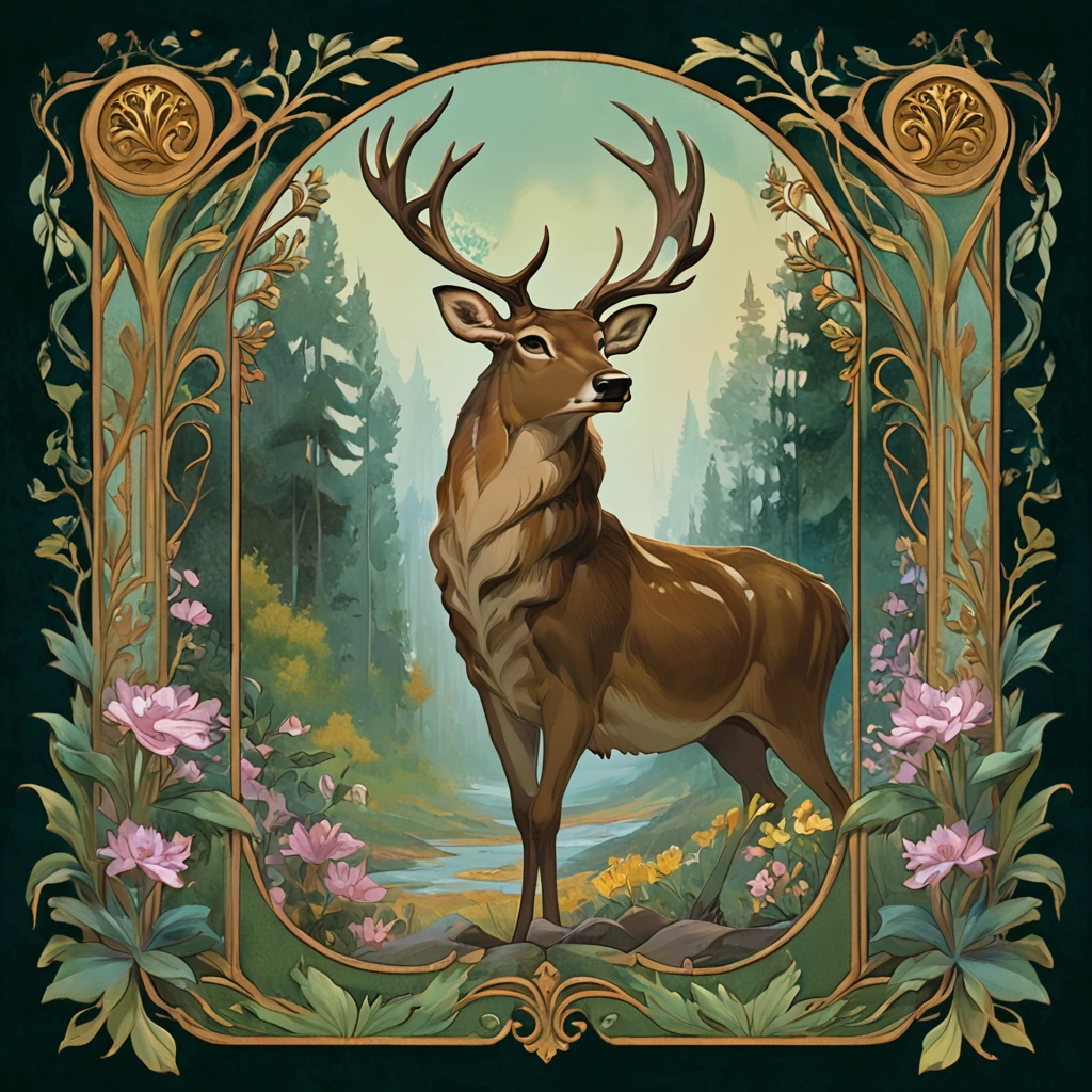 Score_9, score_8_up, score_7_up, score_6_up, BREAK <lora:ArtNoveauMJ7Pony:1> ArsMJStyle, Art Nouveau,, The image shows a painting of a deer standing in a frame surrounded by trees and flowers., no humans, deer, flower, antlers, nature, tree, solo, full body, animal, forest