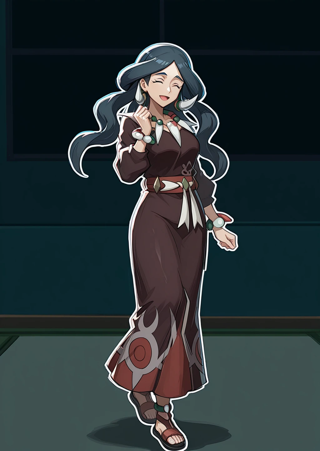 score_9, score_8_up, score_7_up, score_6_up, score_5_up, score_4_up, masterpiece,  detailed, high quality, BREAK, full body, 1girl, shiny skin,    <lora:Drasna (Pokemon X&Y) [Illustrious]:0.8> long hair, black hair, necklace, drasna (pokemon), drasna, eyes closed, hairpiece, closed eyes, mature female,  <lora:Marvel_Ilu:0.8> marvelrivals