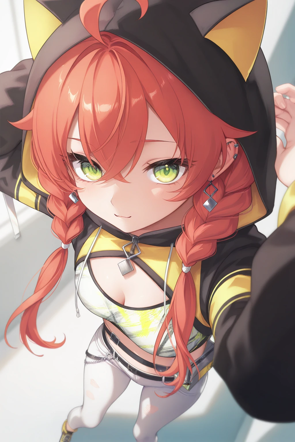 1girl, SA1stHairstyle, SA1stCostume,
general, solo, perspective, dynamic angle,
red hair, low twin braids, green eyes, eyelashes, ahoge, 
asymmetrical earrings, ear piercing, 
black hoodie, cat hood,
crop top, cleavage, torn pants,
light smile,
depth of field,
<lora:kp_ShishidoAkariNijisanjiIllustrious_v1_0:1.0>,
masterpiece, best quality, amazing quality