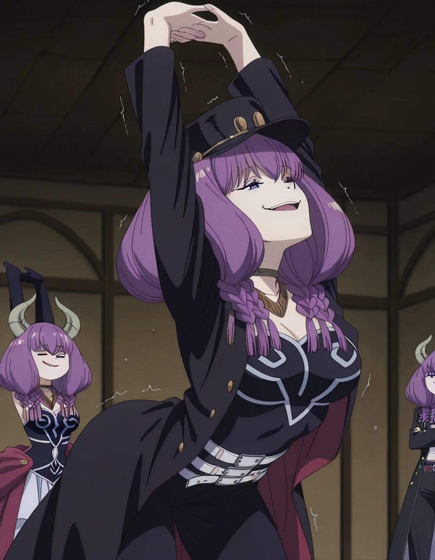 masterpiece, best quality, amazing quality,, <lora:aura-the-guillotine-s1-illustriousxl-lora-nochekaiser:1>, aura the guillotine, aura (sousou no frieren), long hair, purple eyes, purple hair, braid, horns, twin braids, mature female, medium breasts, anime screencap, <lora:kujo-jotaro-cosplay-illustriousxl-lora-nochekaiser:1>, kujo jotaro cosplay, kujo jotaro (cosplay), gakuran, cosplay, belt, black headwear, black jacket, black pants, high collar, multiple belts, pants, shirt,, <lora:cammy-stretch-illustriousxl-lora-nochekaiser:1>, cammy stretch, cammy stretch (meme), stretching, arms up, arched back, cowboy shot, trembling, closed eyes,, smirk, open mouth, , ,