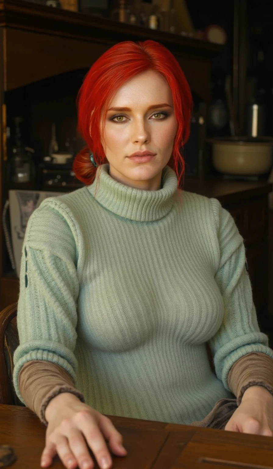 ginger woman, detailed face, (wearing big glasses:1.1), long straight hair, red lips, big chest, (casual clothes:1.2), dark grey clothes, 1girl, solo, looking at viewer, (??? on clothes:1.4), photorealistic, indifferent look, front view, upper body, in office