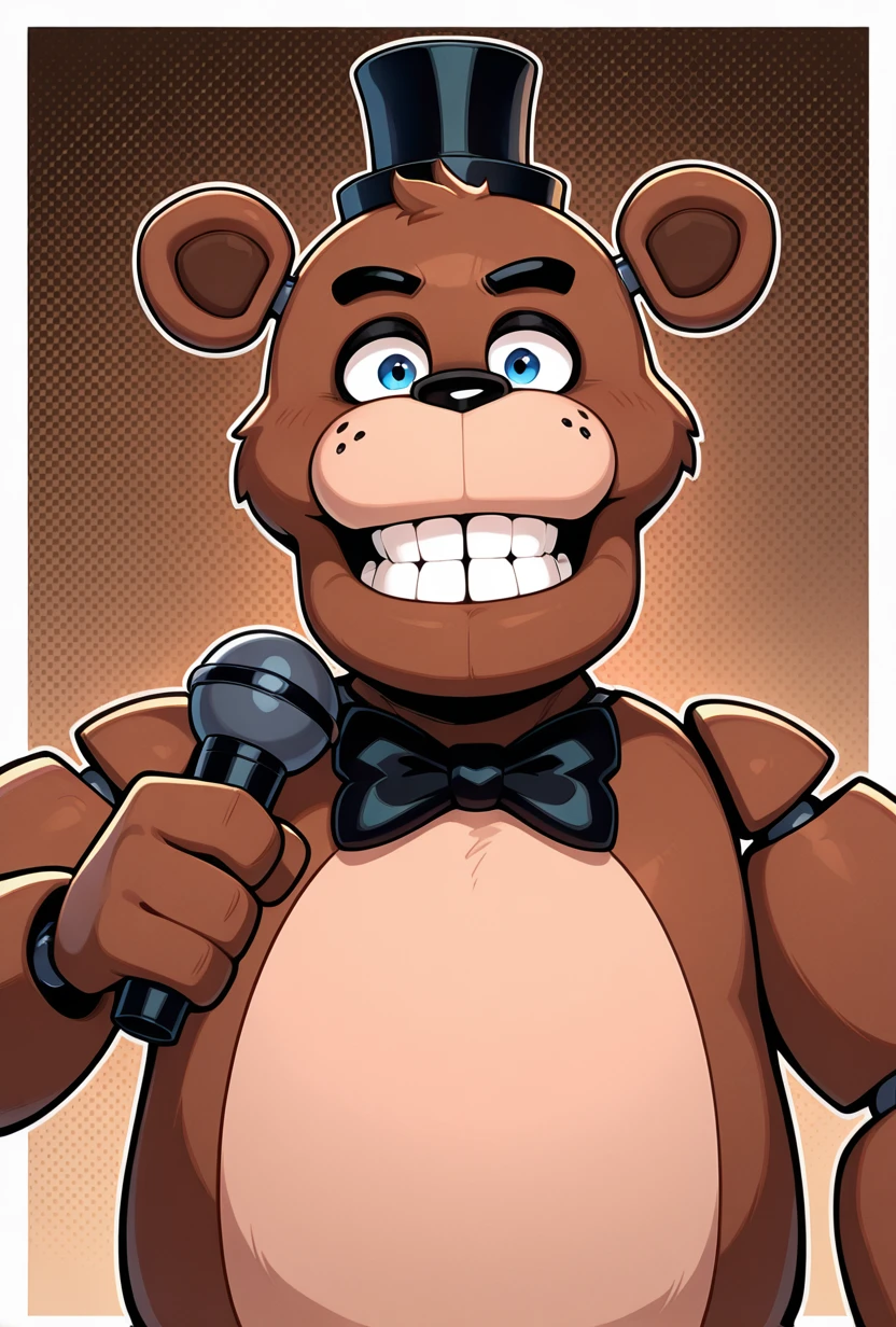 <lora:freddyit-09:1> freddyit, 1boy, black mini top hat, black bowtie, bear, bear ears, joints, teeth, blue eyes, animatronic, vibrant, brown background, holding microphone, expressive, smile, clenched teeth,, masterpiece, best quality, amazing quality, very aesthetic, absurdres, newest,, upper body, halftone effect, white borders, abstract background:1.2,