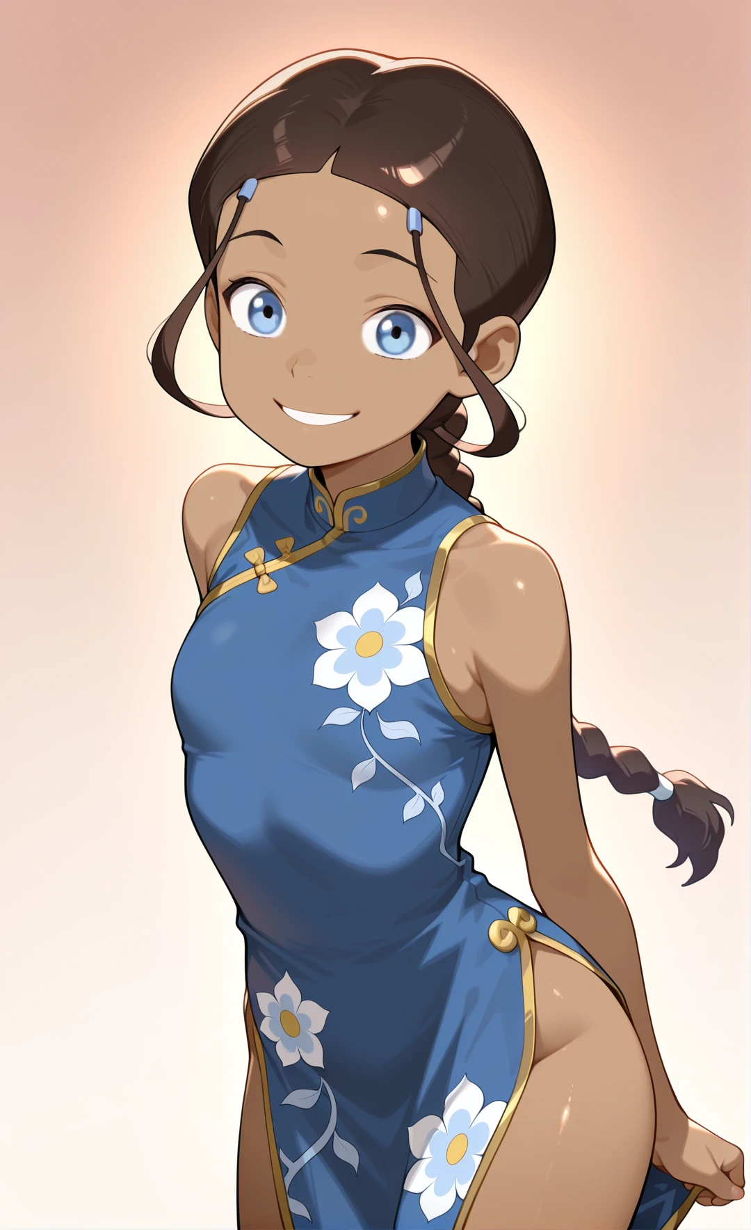 masterpiece,best quality,amazing quality, absurdres, solo, 1girl, <lora:IlluKatara:1> illukatara, dark-skinned female, brown hair, blue eyes, single braid, china dress, bare shoulders, floral print, gold trim, smile, cowboy shot,