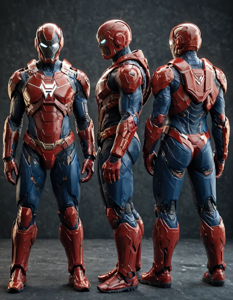 , masterpiece, best quality, <lora:characterDesignSheetQuiron_illus:1> characterDesignSheetQuiron, standing, full body, multiple views, Iron Man (Marvel Comics): Iron Man's red and gold armor, glowing arc reactor, and charismatic personality have made him a favorite among superhero cosplayers.