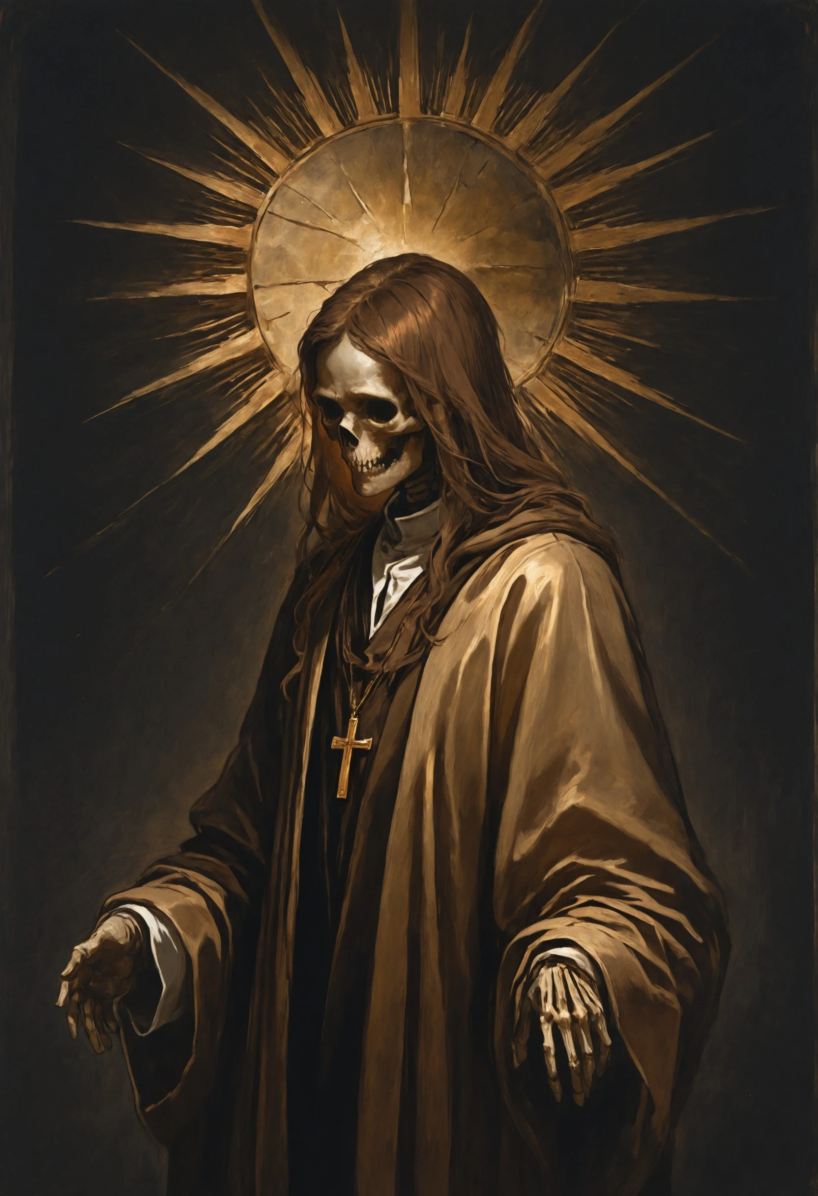 mgh2, 1other, skull, no_humans, priest, other_focus, solo, ancient, dark_background, deep shadows, robes, (dark-brown robes), hood_down, simple_background, very long necklace, cross_pendant, gold_jewelry, looking away, skeleton priest, clothed, (unaware), robe, long_sleeves, solitude, very_long_hair, brown_hair, cowboy_shot, portrait, masterfully drawn, masterpiece, amazing quality, beautifully painted, elegantly detailed, very aesthetic, , <lora:113385dd-68b6-4450-ad8a-477dc209ec78:0.9>