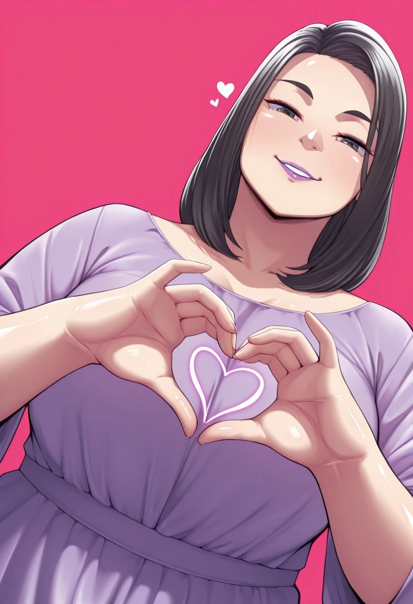kum02j0, 1girl, solo, medium build, medium hair, sfw, safe for work, covered skin, flowy dress, black eyes, purple lipgloss, smiling, portrait, upper body, heart hands, mature female, foreshortening, detailed, newest, shiny skin, cowboy angle, solo focus, medium breasts,