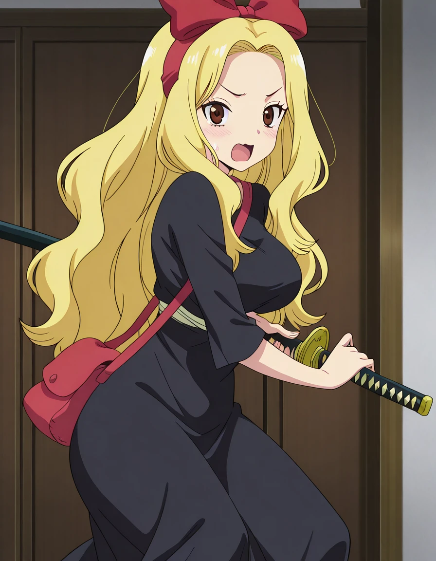 masterpiece, best quality, amazing quality,, <lora:minami-hokutozai-s3s4-illustriousxl-lora-nochekaiser:1>, minami hokutozai, long hair, blonde hair, brown eyes, hairband, forehead, mature female, breasts, anime screencap, <lora:witch-kiki-cosplay-illustriousxl-lora-nochekaiser:1>, witch kiki cosplay, kiki (majo no takkyuubin) (cosplay), bag, black dress, bow, bow hairband, cosplay dress, hairband, long dress, red bow, red hairband, shoulder bag, sleeves past elbows,, <lora:battoujutsu-stance-illustriousxl-lora-nochekaiser:1>, battoujutsu stance, looking at viewer, holding, weapon, sword, holding weapon, holding sword, standing, katana, sheath, sheathed, fighting stance, ready to draw, embarrassed, open mouth, , ,