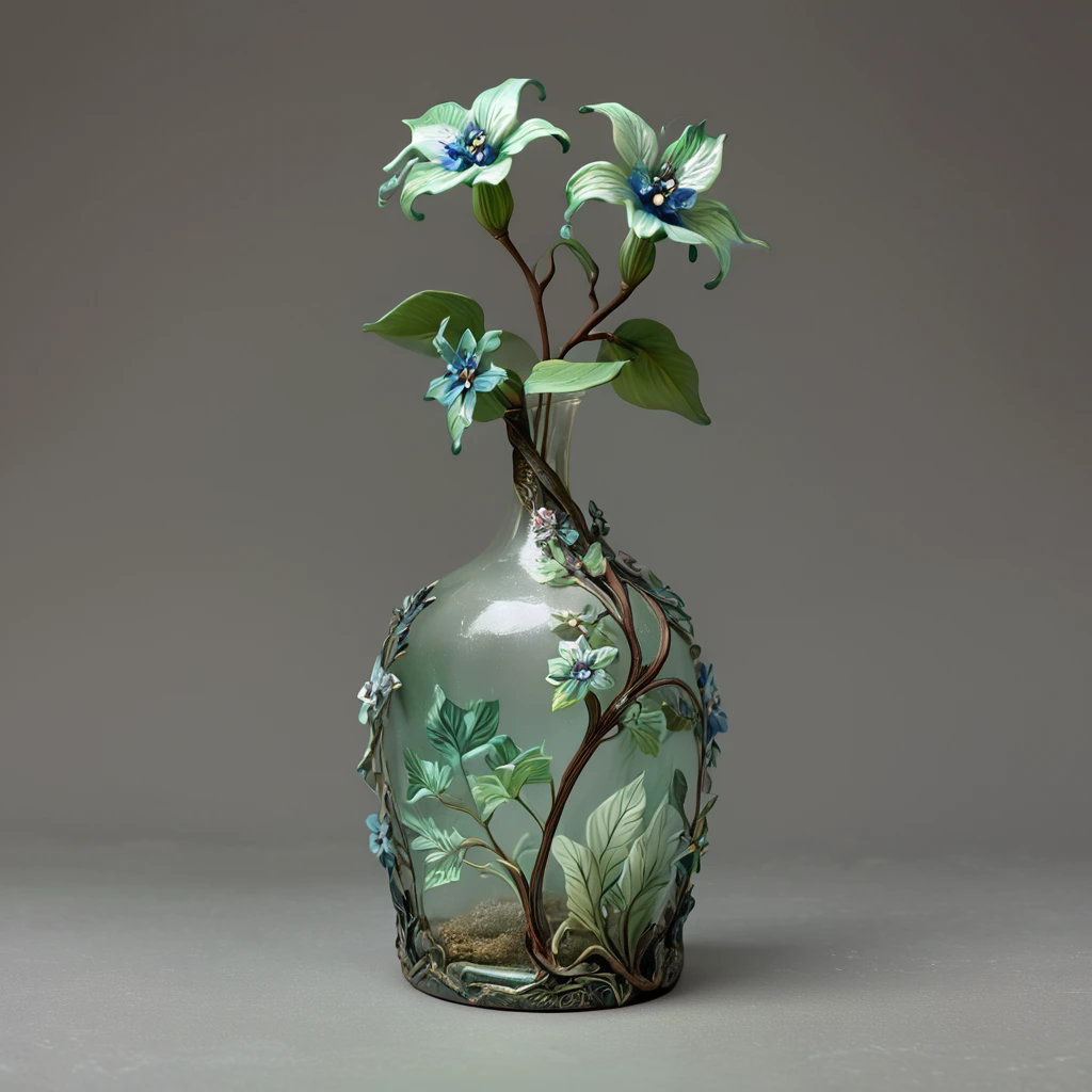 Score_9, score_8_up, score_7_up, score_6_up, BREAK <lora:ArtNoveauMJ7Pony:1> ArsMJStyle, Art Nouveau,, The image shows a green vase with a flower in it sitting on a table. The vase is decorated with a design of flowers and leaves giving it a unique and eye-catching look., no humans, still life, simple background, white background, flower, plant, leaf, grey background, blue flower, vase