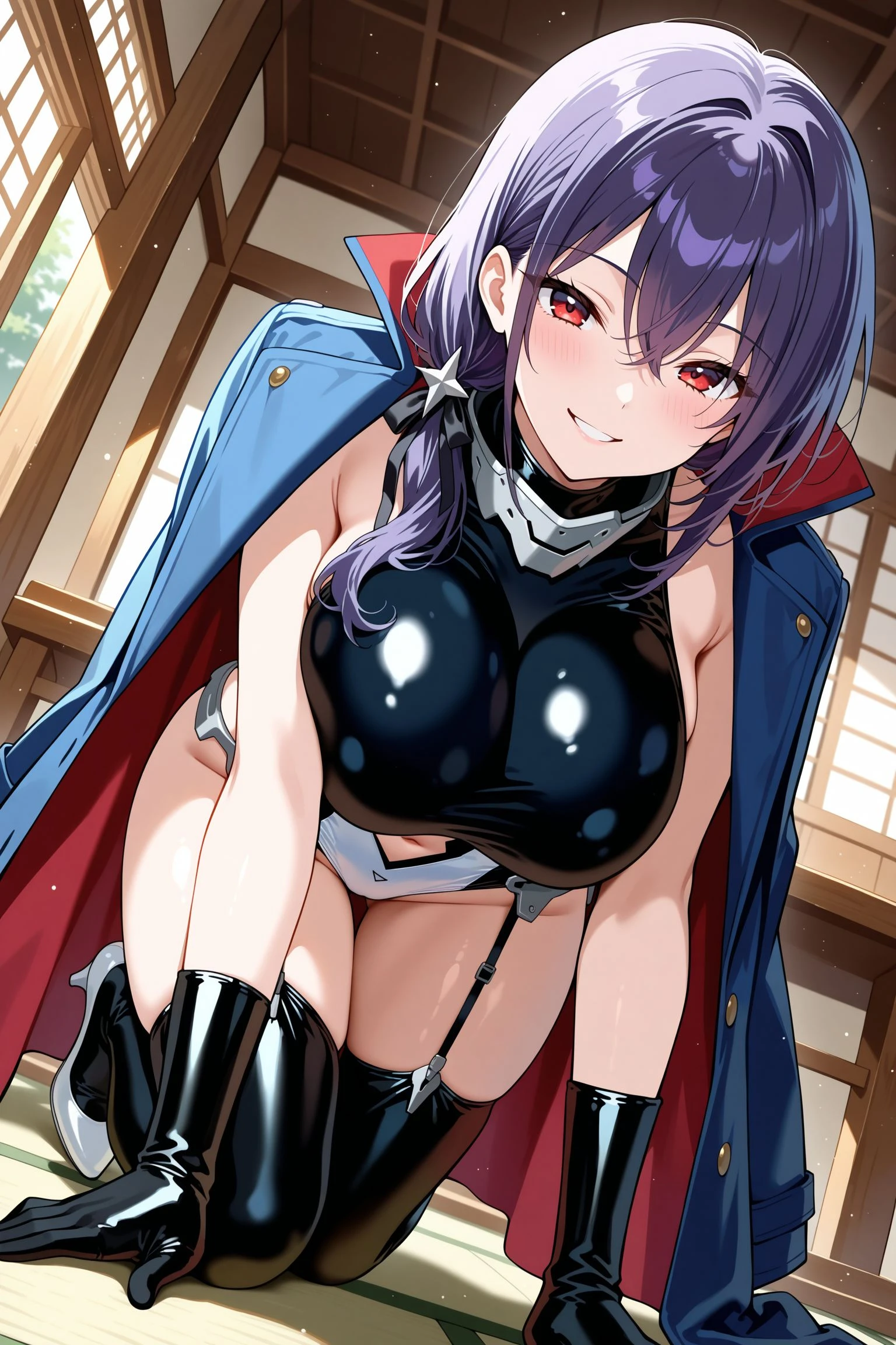 masterpiece, best quality, 1girl,black hair,long hair,glowing eyes, (finely detailed empty pupils and detailed face),,,,extremely detailed picture unity 8k wallpaper,solo,(latex military costume:0.9),large breasts,seductive smile,military hat,latex thighhigh,large breasts,black hair,pink eyes,black leotard,pantyhose,military coat,enamel suits,grossy lips,sitting,crossed legs