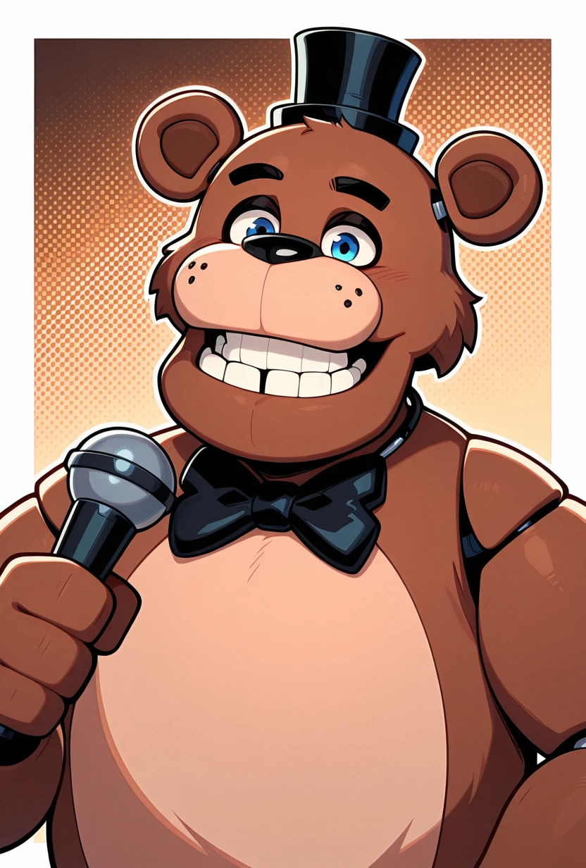 <lora:freddyit-09:1> freddyit, 1boy, black mini top hat, black bowtie, bear, bear ears, joints, teeth, blue eyes, animatronic, vibrant, brown background, holding microphone, expressive, smile, clenched teeth, fused teeth, anime teeth,, masterpiece, best quality, amazing quality, very aesthetic, absurdres, newest,, upper body, halftone effect, white borders, abstract background:1.2,