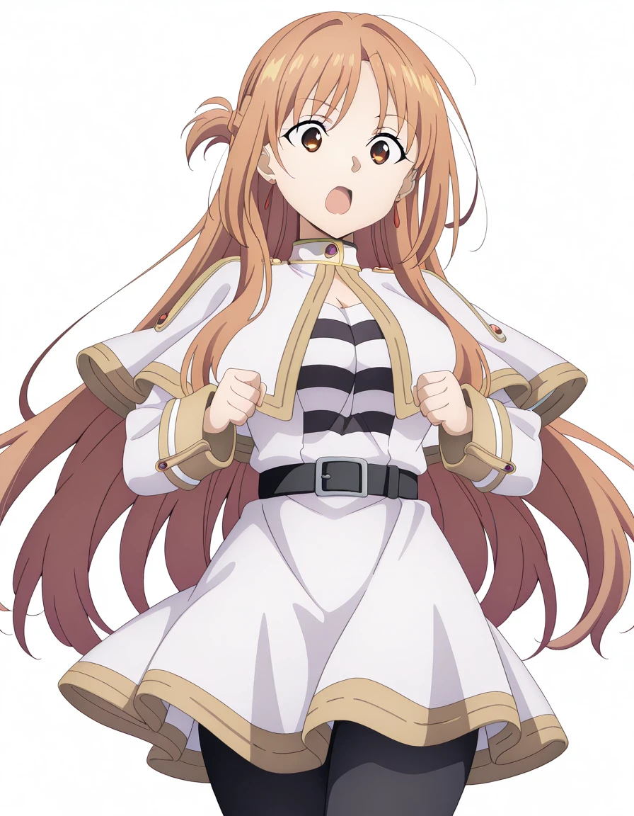 masterpiece, best quality, amazing quality,, <lora:asuna-yuuki-s3-illustriousxl-lora-nochekaiser:1>, asuna yuuki, yuuki asuna, long hair, bangs, brown hair, brown eyes, very long hair, braid, mature female, medium breasts, anime screencap,, <lora:frieren-cosplay-illustriousxl-lora-nochekaiser:1>, frieren cosplay, frieren (cosplay), shirt, long sleeves, jewelry, pantyhose, earrings, striped, black pantyhose, capelet, striped shirt, skirt, white skirt,, <lora:dynamic-pose-illustriousxl-lora-nochekaiser:1>, dynamic pose, attack, cowboy shot, surprised, open mouth, <lora:transparent-background-illustriousxl-lora-nochekaiser:1>, transparent background, simple background, white background, ,